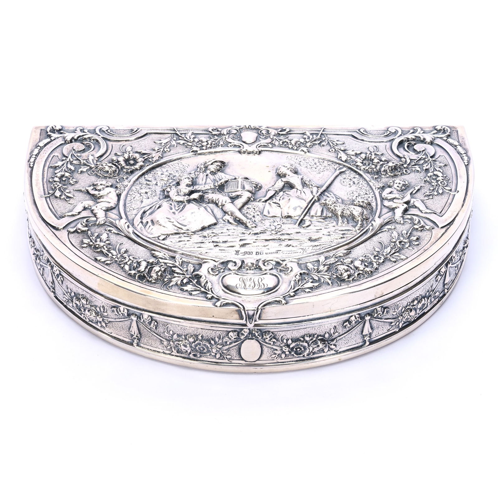 Solid Silver Hinged Dresser Box, German Hallmarks, 800 Purity: Solid Silver Hinged Dresser Box, German Hallmarks, 800 Purity, 1.25 x 8.5 x 5.75 Inches, Elaborate Embossed Scene Of Man With Bird Cage & Shepherdess, Gold Wash Interior, Circa 1800's, 521.0 Grams, Dr