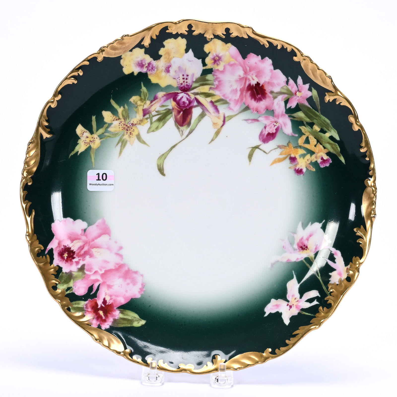 Plate Marked T&V Limoges: Plate Marked T&V Limoges, 1.5 x 11.5 x 11.5 Inches, Green And Whtie Tones With Pink Iris Decor, Heavy Gold Trim, 1.8 Pounds, Dr. Harold & Audrey Eklund Estate, Iowa.