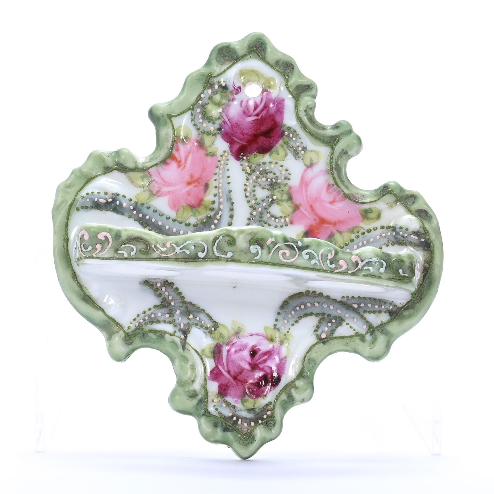 Toothbrush Holder, Wall Mount, Marked Nippon: Toothbrush Holder, Wall Mount, Marked Nippon, 4.25 x 3.75 x 1.5 Inches, Green And White With Pink Rose Decor, 0.2 Pounds, Dr. Harold & Audrey Eklund Estate, Iowa.