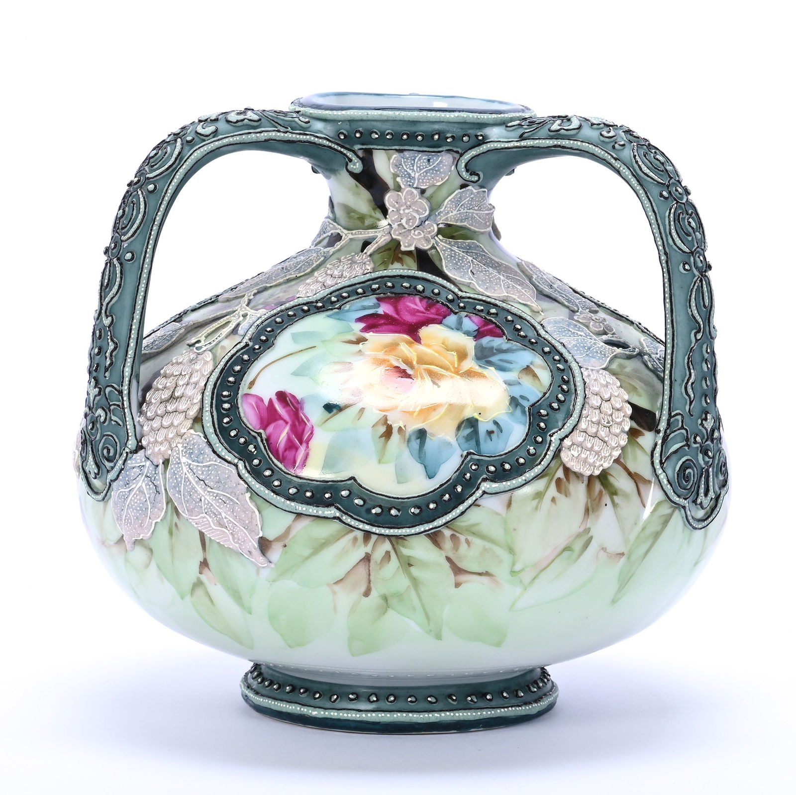 Vase, Three Handles, Marked Nippon: Vase, Three Handles, Marked Nippon, 6 x 6.5 x 6.5 Inches, Rose Decor Medallions With Heavy Applied Moriaga Pinecone Highlights, 2.4 Pounds, Dr. Harold & Audrey Eklund Estate, Iowa.