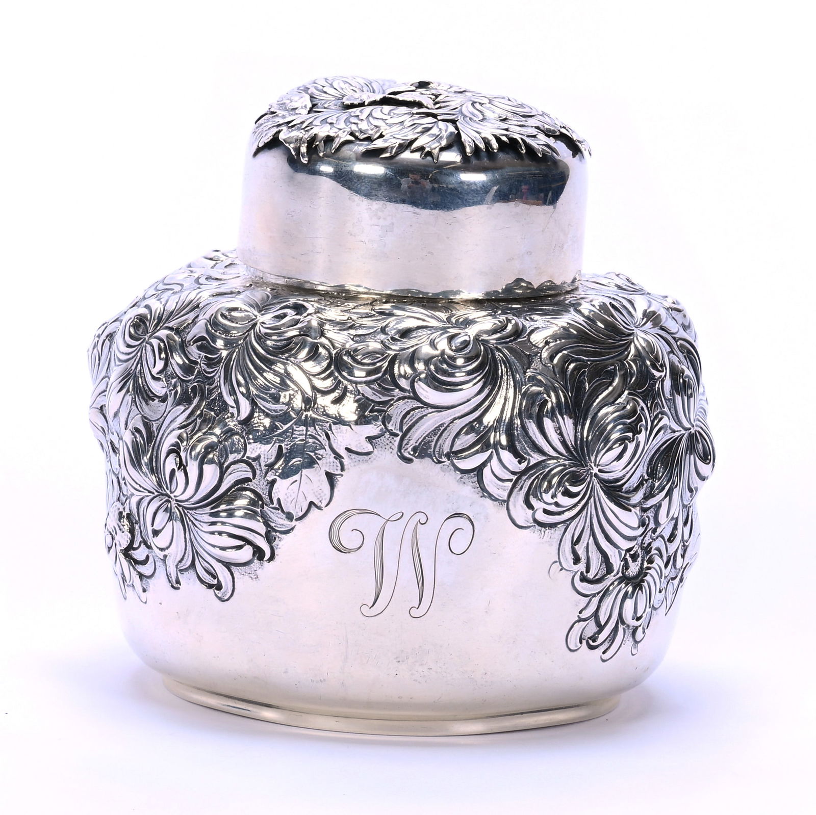 Solid Sterling Silver Tea Caddy Marked Bailey Banks & Biddle: Solid Sterling Silver Tea Caddy Marked Bailey Banks & Biddle, 4 x 4.25 x 4.25 Inches, Created By George W. Scheibler & Co., Elaborate Embossed Chrysanthemum Design With Monogram "W", 297.0 Grams, Dr.