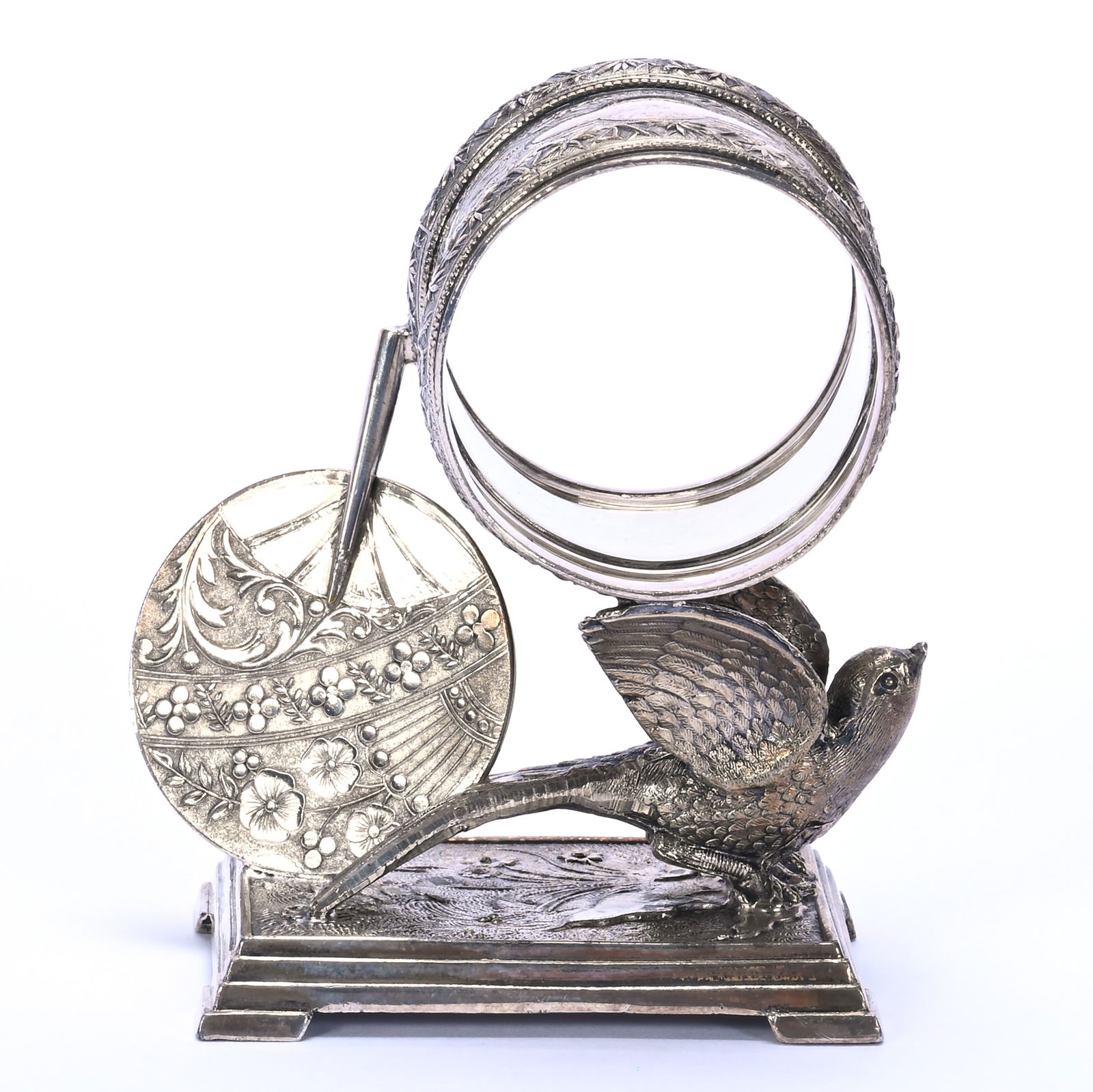 Silverplate Napkin Ring Marked Derby #346: Silverplate Napkin Ring Marked Derby #346, 3.5 x 3.25 x 1.875 Inches, Bird And Paddle Fan, 0.3 Pounds, Dr. Harold & Audrey Eklund Estate, Iowa.