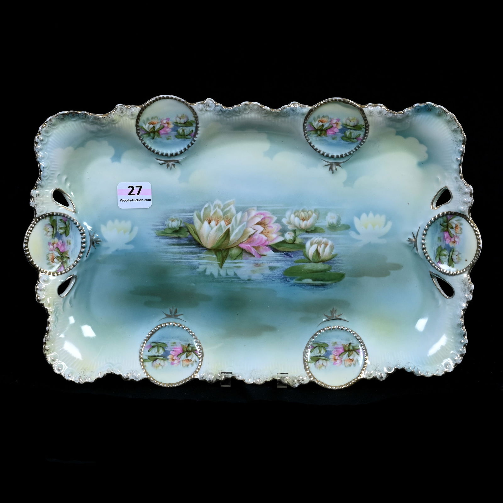 Dresser Tray Marked R. S. Prussia, Medallion Mold, Waterlily Decor: Dresser Tray Marked R. S. Prussia, Medallion Mold, Waterlily Decor, 1 x 11.5 x 7.5 Inches, Blue, Green And Yellow Tones, Waterlily Medallions, 1.0 Pounds, Dr. Harold & Audrey Eklund Estate, Iowa.