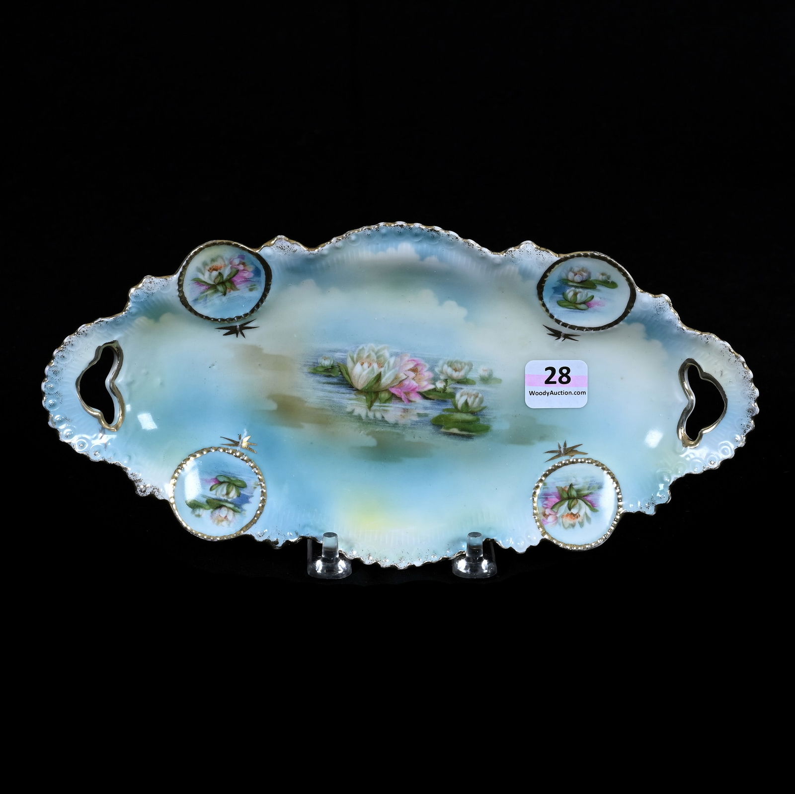 Relish Tray Marked R. S. Prussia, Medallion Mold, Waterlily Decor: Relish Tray Marked R. S. Prussia, Medallion Mold, Waterlily Decor, 1.25 x 9.75 x 4.75 Inches, Blue, Green And Yellow Tones, Waterlily Medallions, Hard To See Rim Nick, 0.4 Pounds, Dr. Harold & Audrey