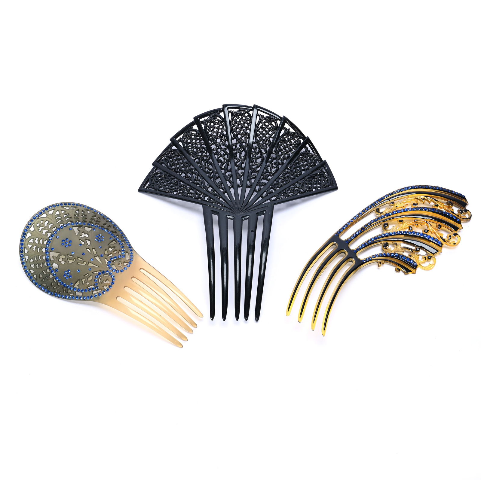 (3) Ornate Vintage Celluloid & Rhinestone Hair Combs, Art Deco Style: (3) Ornate Vintage Celluloid & Rhinestone Hair Combs, Art Deco Style, Approximately 7.75" x 7" x 2", View Photos For Details, 0.2 Pounds, Dr. Harold & Audrey Eklund Estate, Iowa.