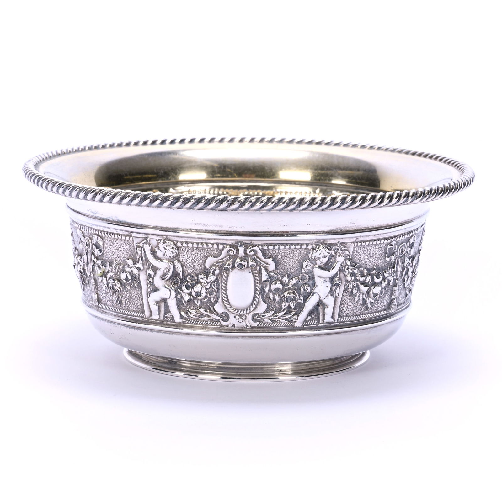Solid Sterling Silver Bowl Marked Gorham #455: Solid Sterling Silver Bowl Marked Gorham #455, 2.5 x 5.75 x 5.75 Inches, Embossed Cherub And Rose Garland Design, 310.0 Grams, Dr. Harold & Audrey Eklund Estate, Iowa.