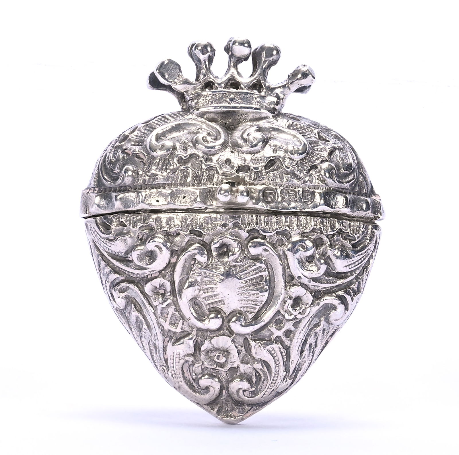 Solid Silver Scandinavian Heart Shape Vinaigrette, Unidentified Hallmarks: Solid Silver Scandinavian Heart Shape Vinaigrette, Unidentified Hallmarks, 1.75 x 1.25 x 0.75 Inches, Hinged Lid With Interior Hinged Flap, Circa 18th Century, 22.0 Grams, Dr. Harold & Audrey Eklund E