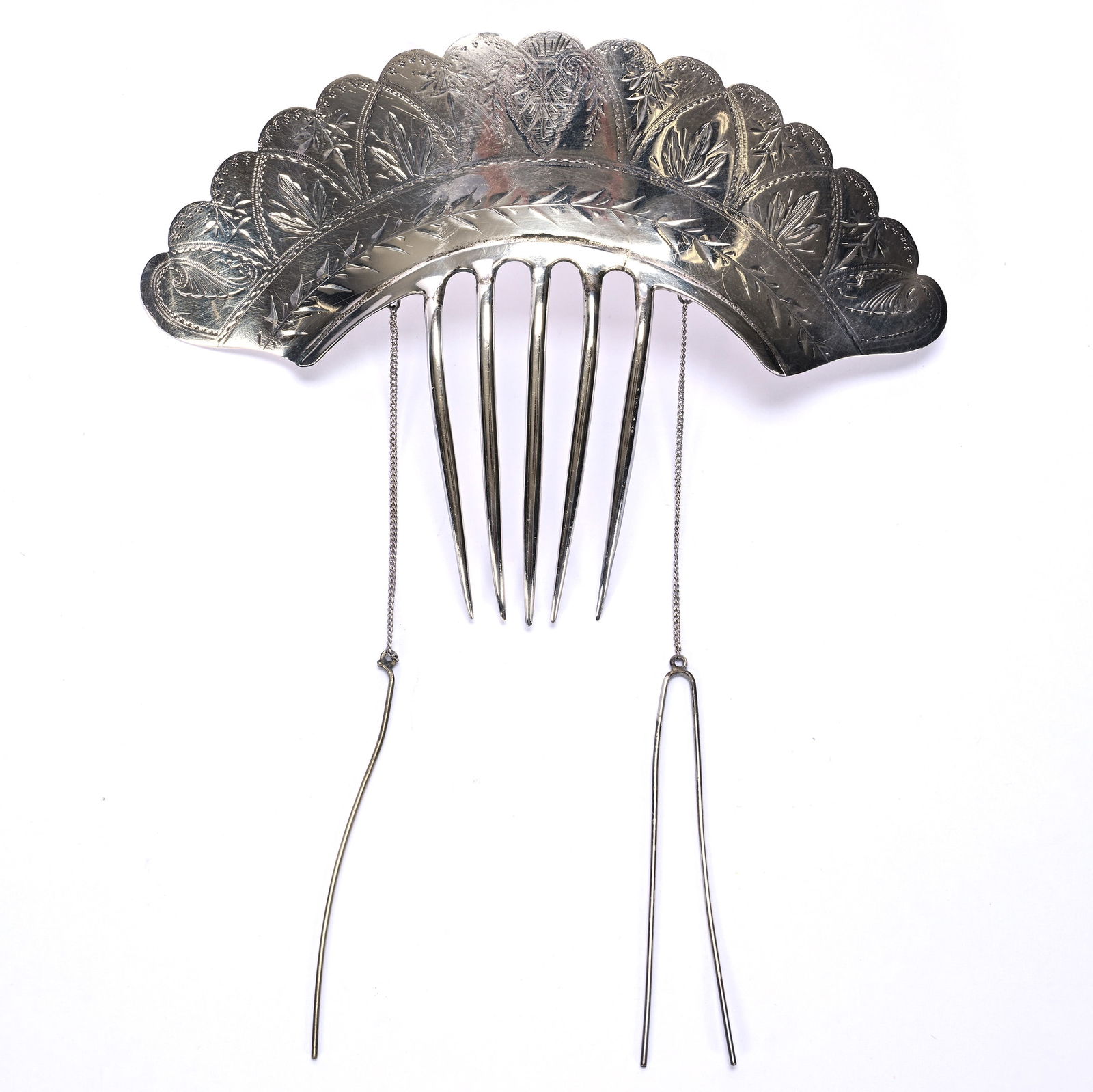 Solid Sterling Silver Hair Comb With Chained Hairpins, Manufacturers Mark "K120": Solid Sterling Silver Hair Comb With Chained Hairpins, Manufacturers Mark "K120", 4.25 x 6 x 1 Inches, 47.0 Grams, Dr. Harold & Audrey Eklund Estate, Iowa.