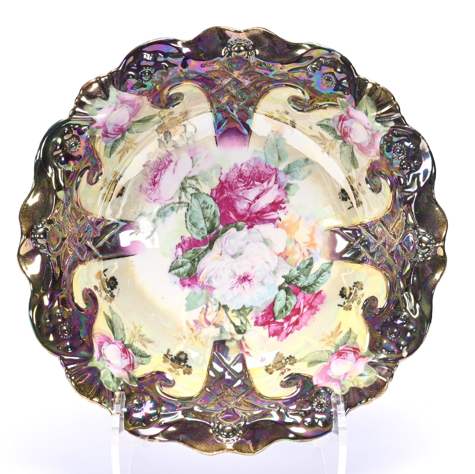 Bowl Marked Bavaria, Iridescent Yellow With Pink & White Rose Decor: Bowl Marked Bavaria, Iridescent Yellow With Pink & White Rose Decor, 3 x 10.25 x 10.25 Inches, Iridescent Tiffany Border, 1.4 Pounds, Dr. Harold & Audrey Eklund Estate, Iowa.