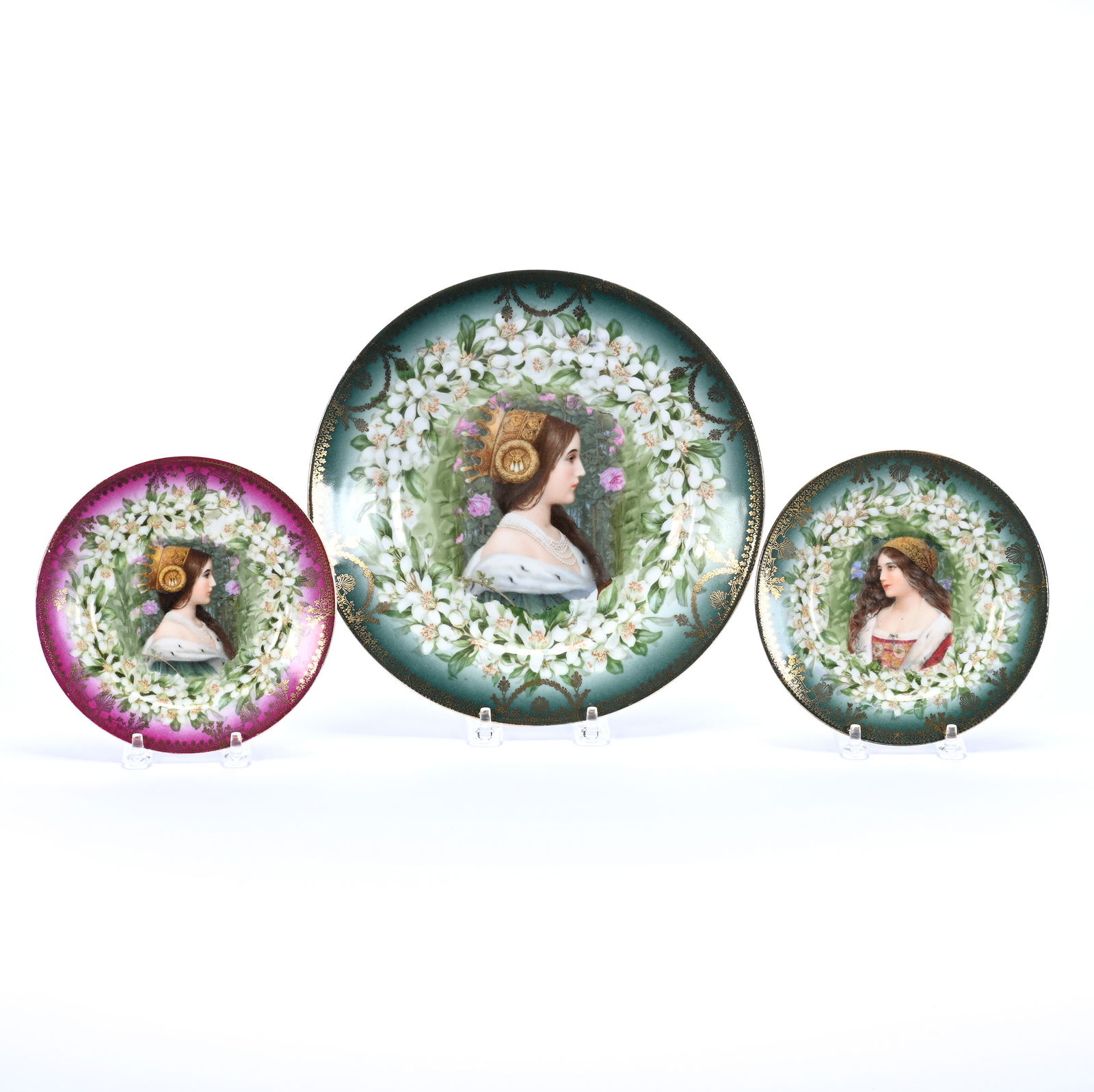 Cake Set, Three Piece, Marked Imperial Crown China Austria: Cake Set, Three Piece, Marked Imperial Crown China Austria, Green Tones With White Lily And Gold Stencil Border, Portraits Of Royalty, (1) 9.5" Plate, (2) 6" Plates, 1.6 Pounds, Dr. Harold & Audrey