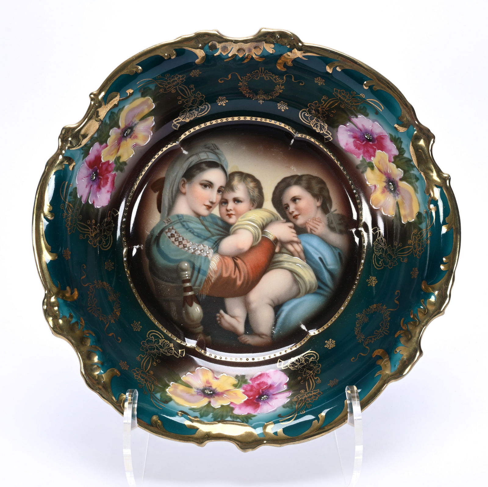 Bowl, Unmarked Bavaria, Brown And Green Tones, Madonna And Child Scenic Decor: Bowl, Unmarked Bavaria, Brown And Green Tones, Madonna And Child Scenic Decor, 2.25 x 10 x 10 Inches, Gold Trim Highlights, 1.3 Pounds, Dr. Harold & Audrey Eklund Estate, Iowa.