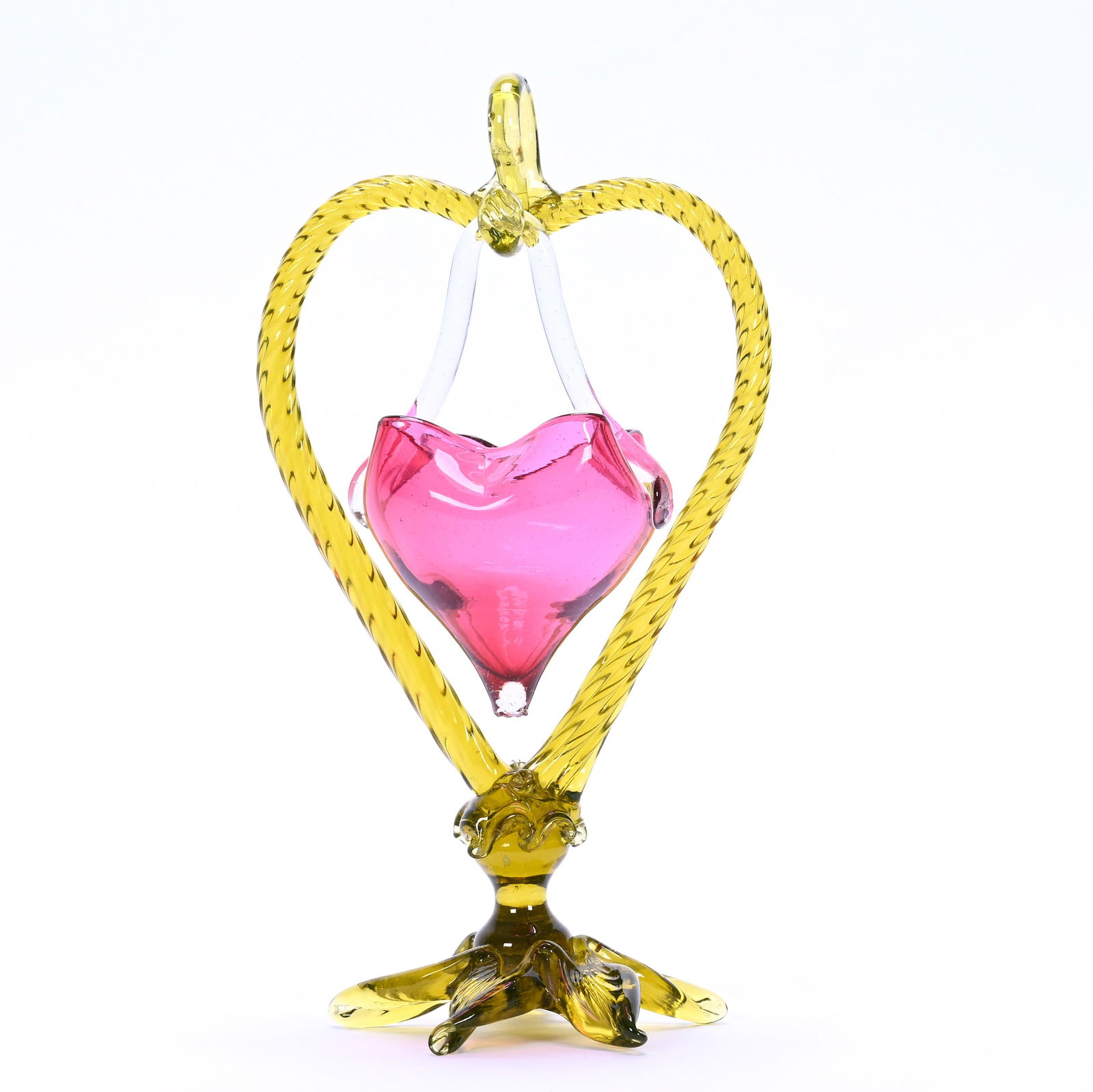 Heart Shaped Hanging Basket, Green Art Glass Rope Twist: Heart Shaped Hanging Basket, Green Art Glass Rope Twist, 9.75 x 5.5 x 4 Inches, Petal Feet, Cranberry Art Glass Hanging Basket, 0.8 Pounds, Dr. Harold & Audrey Eklund Estate, Iowa.