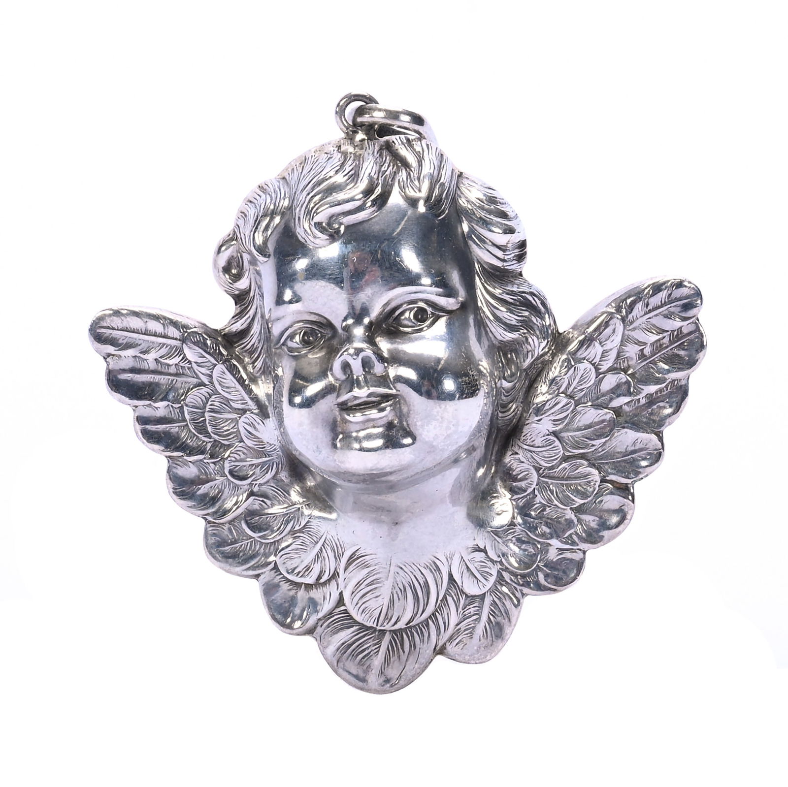 Solid Sterling Silver Charm Marked R.M. Trush, Dated 1983: Solid Sterling Silver Charm Marked R.M. Trush, Dated 1983, 2 x 2.25 x 1.25 Inches, Three-Dimensional Cherub's Head And Wings With Loop For Chain, 16.0 Grams, Dr. Harold & Audrey Eklund Estate, Iowa.