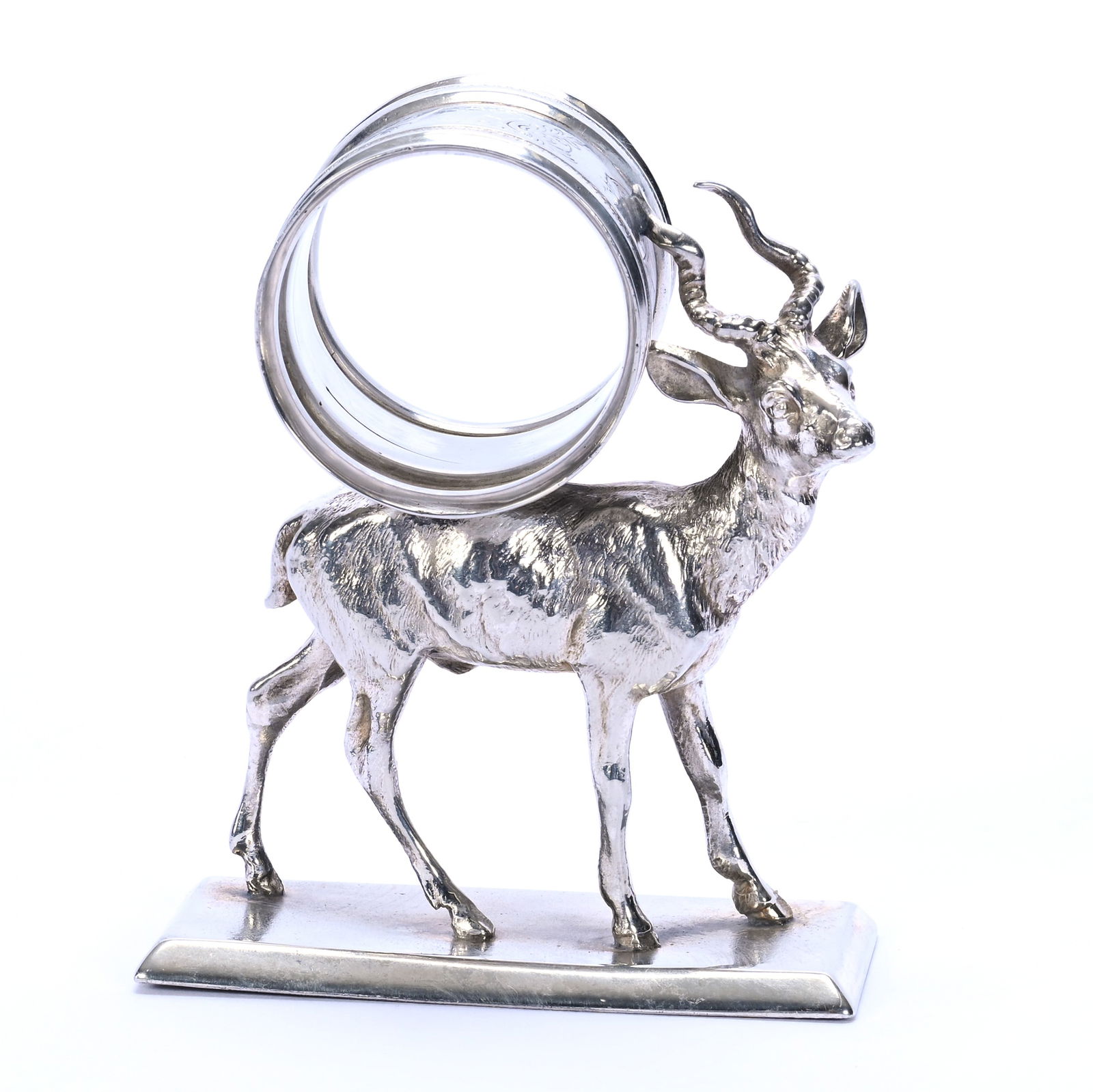 Silverplate Figural Napkin Ring Marked Meriden #204: Silverplate Figural Napkin Ring Marked Meriden #204, 4 x 3.25 x 1.5 Inches, Gazelle, 0.5 Pounds, Dr. Harold & Audrey Eklund Estate, Iowa.