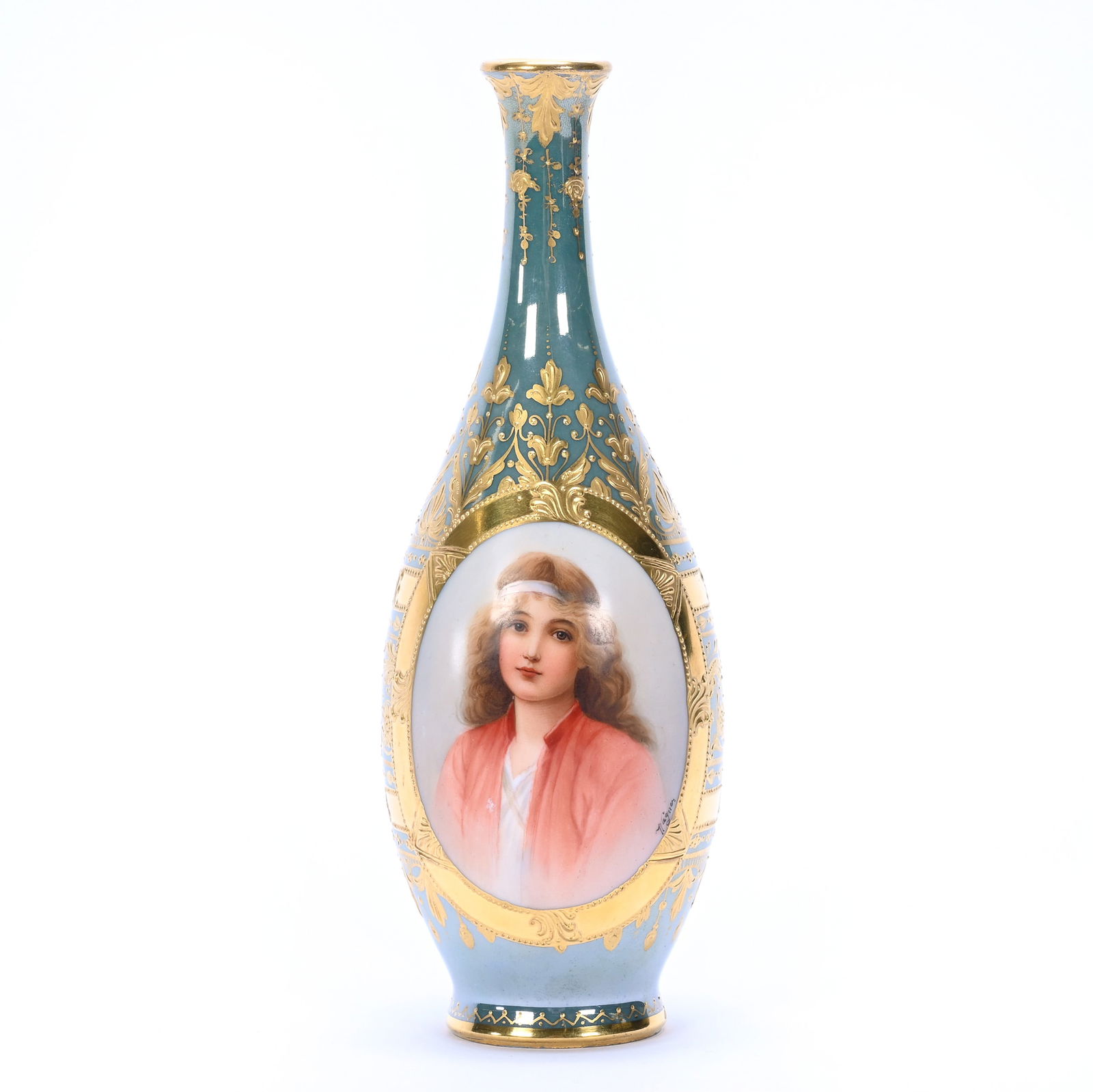 Vase, German Porcelain, Medallion Hand Painted Portrait Titled "Sommer" (1 of 4)