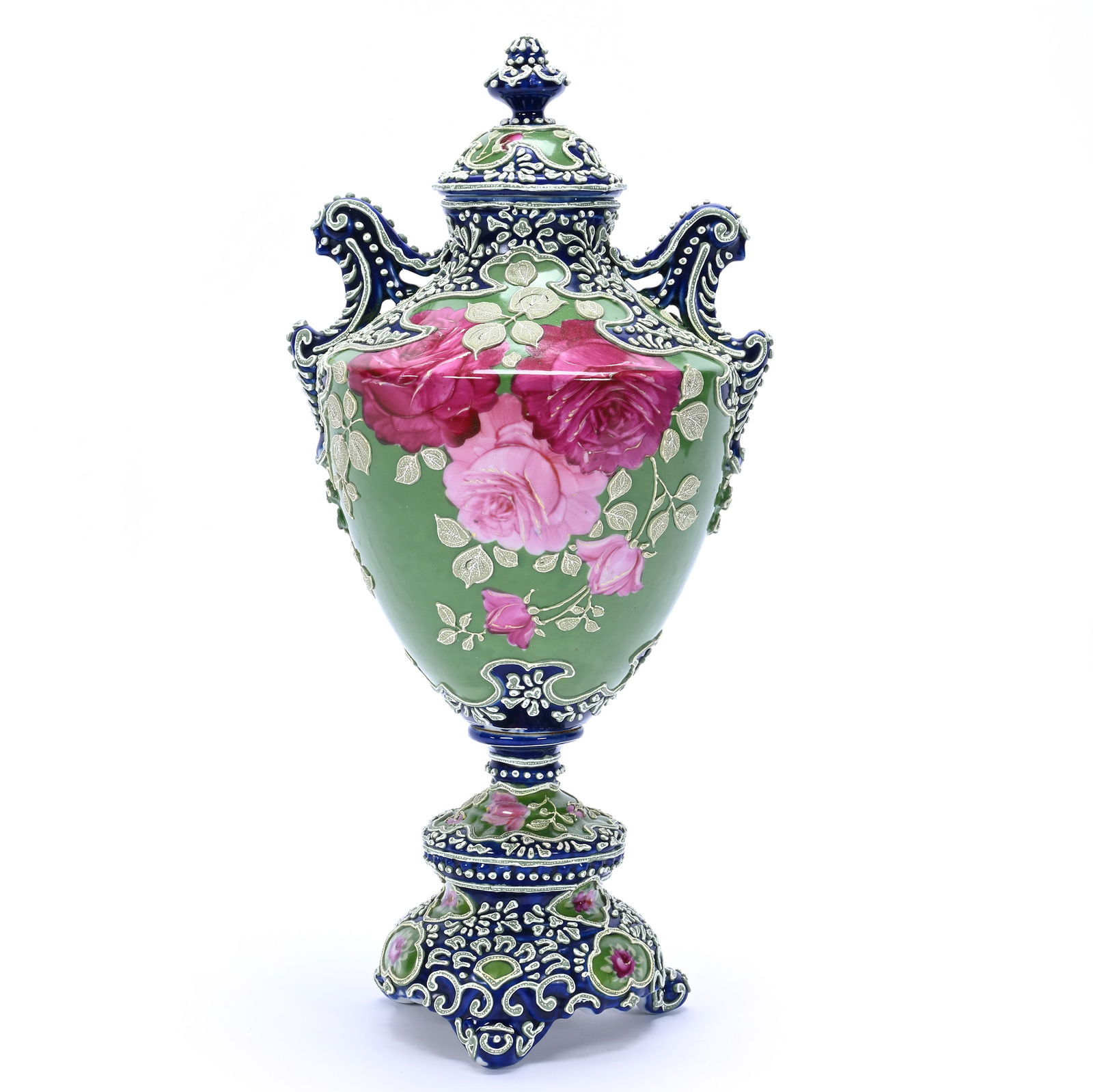Pedestal Urn, Two Handles, Unmarked Nippon Style: Pedestal Urn, Two Handles, Unmarked Nippon Style, 14.5 x 7.25 x 6 Inches, Green With Cobalt Blue Border Highlights, Red Rose Decor, Heavy Moriaga Overlay, 3.5 Pounds, Dr. Harold & Audrey Eklund Estate