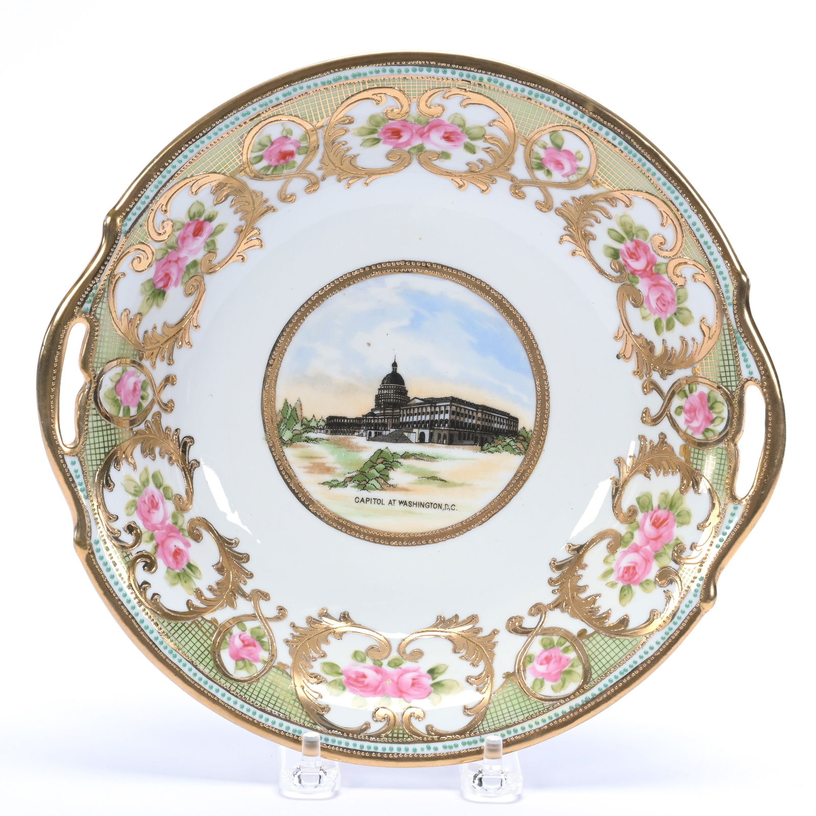 Bowl Marked Nippon, Souvenir Capital At Washington D. C.: Bowl Marked Nippon, Souvenir Capital At Washington D. C., 1.75 x 9.25 x 8.75 Inches, White With Pink Rose, Green Border & Gold Stencil Highlights, 1.0 Pounds, Dr. Harold & Audrey Eklund Estate, Iowa.
