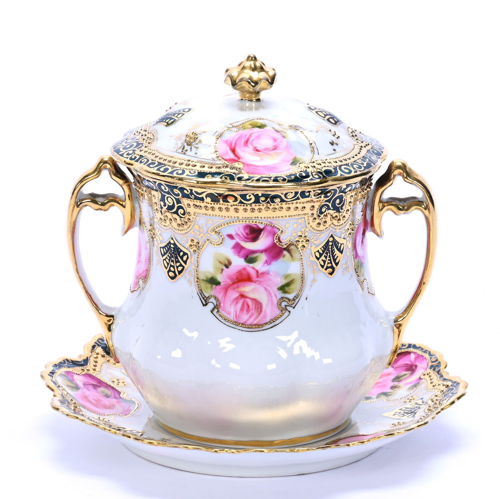 Condensed Milk Jar With Underplate Marked R. C. Nippon: Condensed Milk Jar With Underplate Marked R. C. Nippon, 5.5 x 6 x 6 Inches, White With Dark Green Border, Pink Rose Decor, Heavy Gold Highlights, Rim Nick, 0.9 Pounds, Dr. Harold & Audrey Eklund