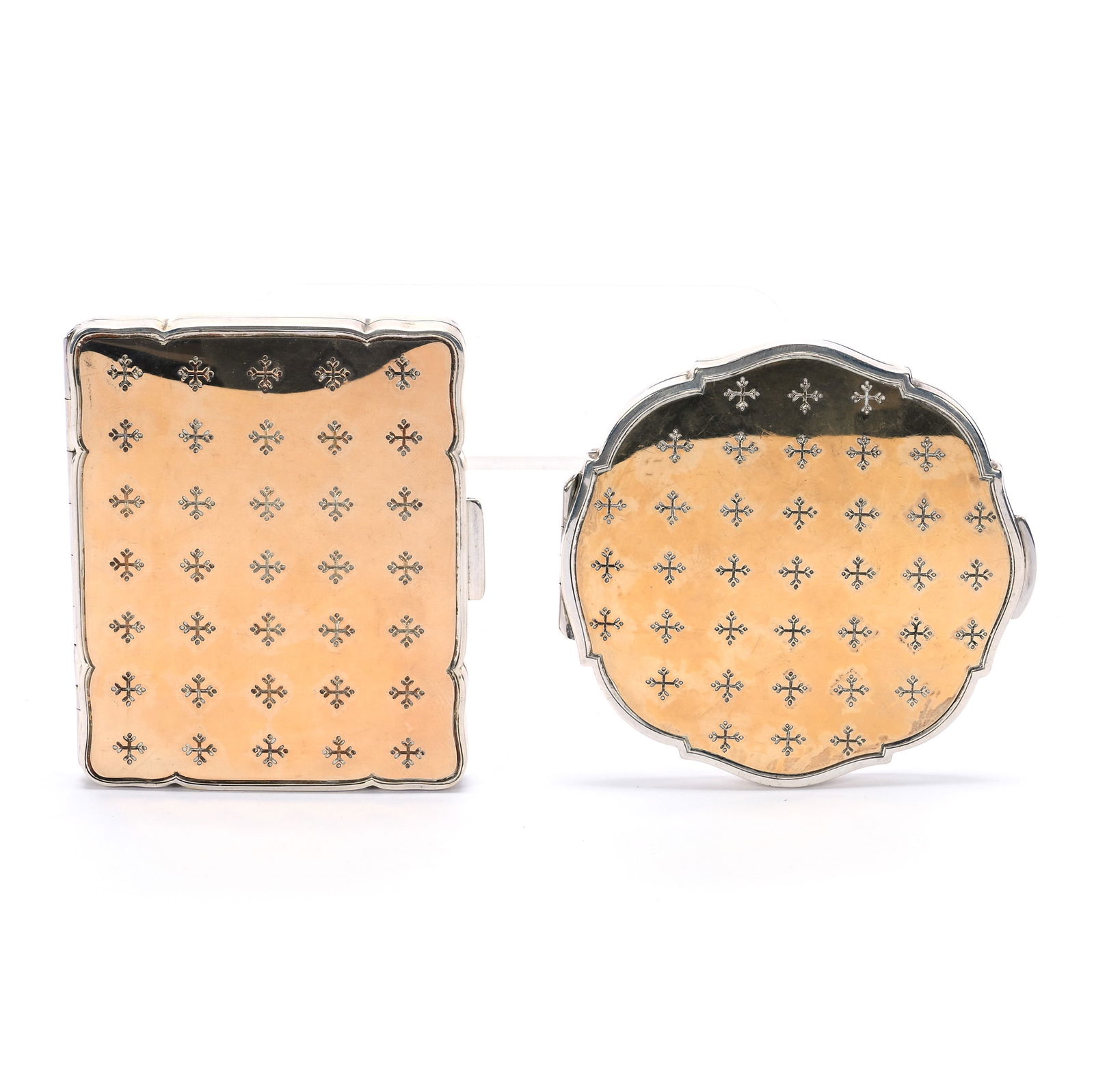 Sterling Silver Compact & Cigarette Case, No Visible Maker's Mark: Sterling Silver Compact & Cigarette Case, No Visible Maker's Mark, 0.375 Approximately x 3 x 3 Inches, Gilded Exterior With Snowflake Type Design, 194.0 Grams, Dr. Harold & Audrey Eklund Estate, Iowa.