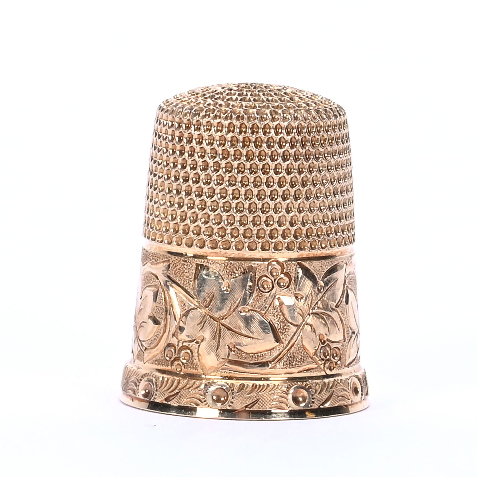 14k Solid Gold Thimble: 14k Solid Gold Thimble, 0.8 x 0.64 x 0.64 Inches, Bottom Portion Of Silk Lined Case Has Jeweler Label, No Lid, 4.7 Grams, Dr. Harold & Audrey Eklund Estate, Iowa.