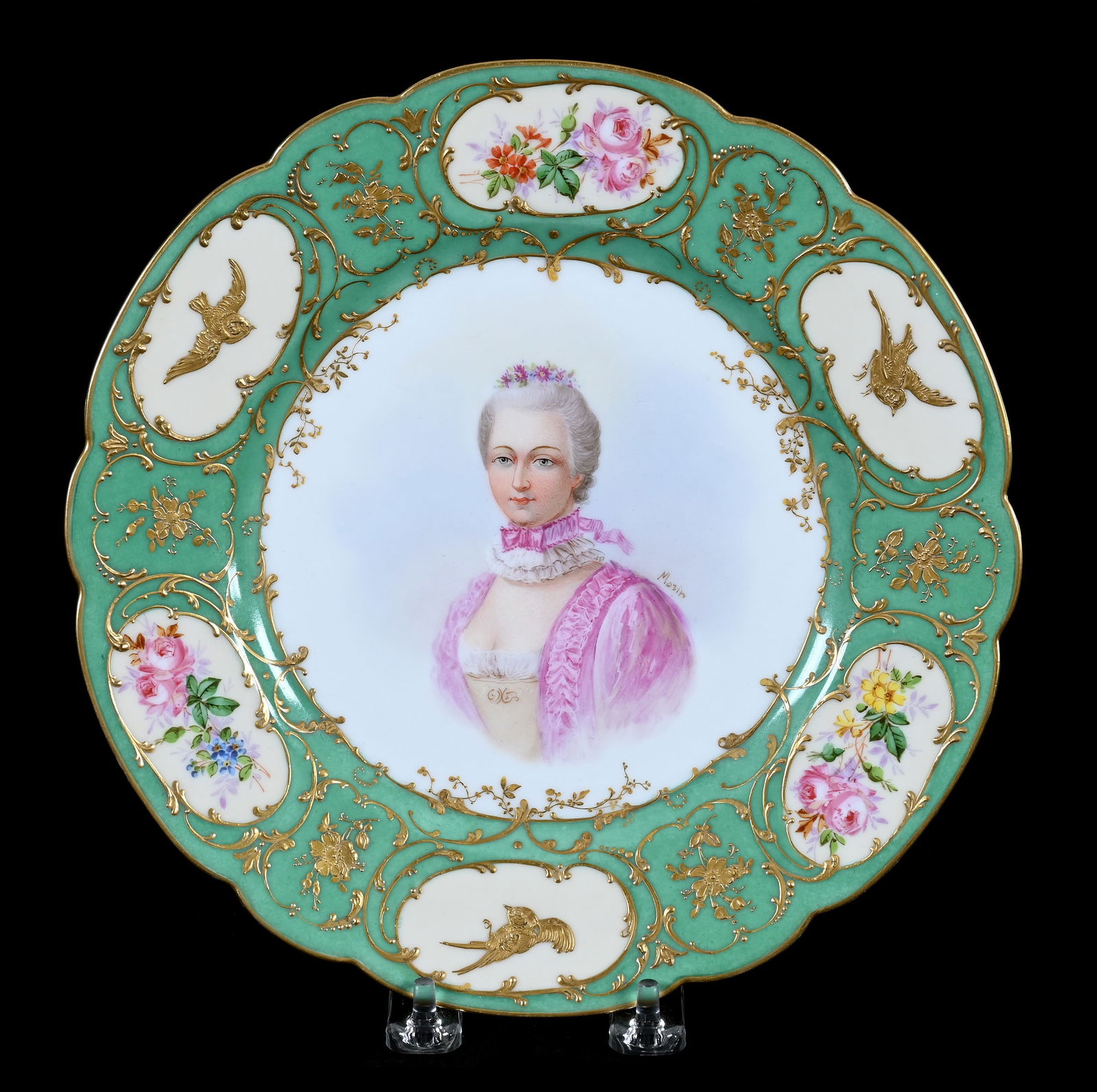 Plate Marked Sevres, Hand Painted Portrait Of Woman, Artist Signed Morin: Plate Marked Sevres, Hand Painted Portrait Of Woman, Artist Signed Morin, 1 x 9.5 x 9.5 Inches, Green Border With Floral And Bird Decor, Gold Highlights, 1.0 Pounds, Dr. Harold & Audrey Eklund