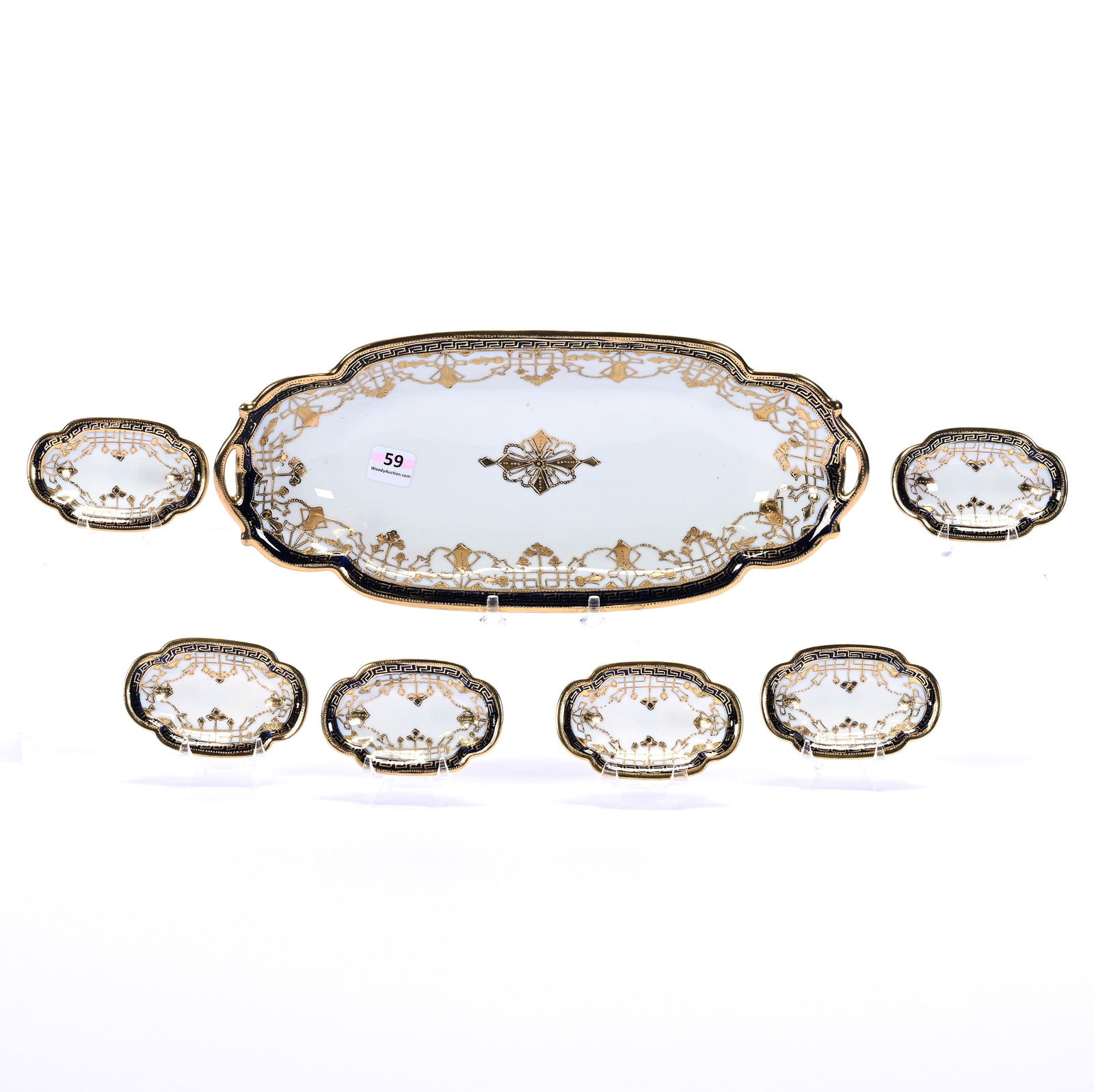 Celery & Salt Set Marked Nippon, White With Cobalt Blue Border: Celery & Salt Set Marked Nippon, White With Cobalt Blue Border, Heavy Gold Border Highlights, (1) 1.5" x 12.75" x 5.75" Celery Tray, (6) 0.75" x 3.75" x 2.25" Salt Dips, 1.3 Pounds, Dr. Harold &