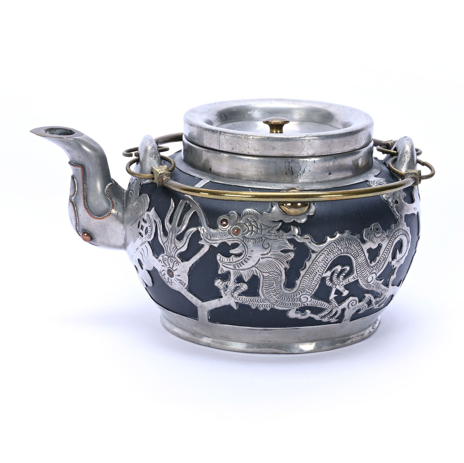 Chinese Zisha Clay Teapot With Pewter & Brass Overlay: Chinese Zisha Clay Teapot With Pewter & Brass Overlay, 3.75 x 7.25 x 5.5 Inches, Dragon And Chinese Character Design, Marked Shanghai China, 1.7 Pounds, Dr. Harold & Audrey Eklund Estate, Iowa.