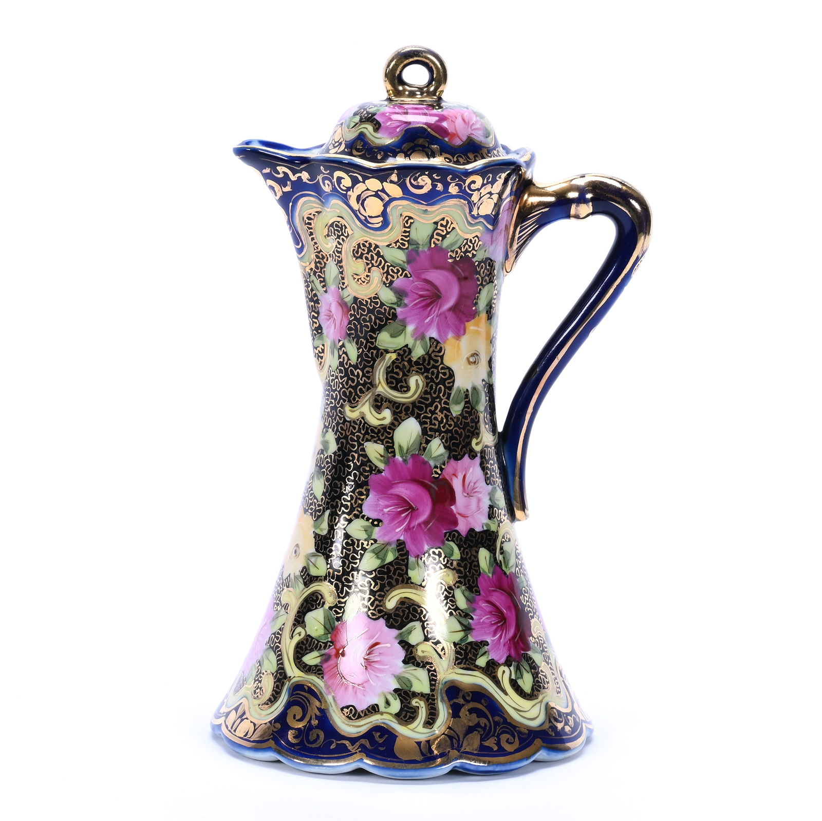 Chocolate Pot Marked Royal Kinran Nippon: Chocolate Pot Marked Royal Kinran Nippon, 9.5 x 5.75 x 5.25 Inches, Cobalt Blue With Pink & Yellow Rose Decor, Gold Stencil Highlights, 1.3 Pounds, Dr. Harold & Audrey Eklund Estate, Iowa.