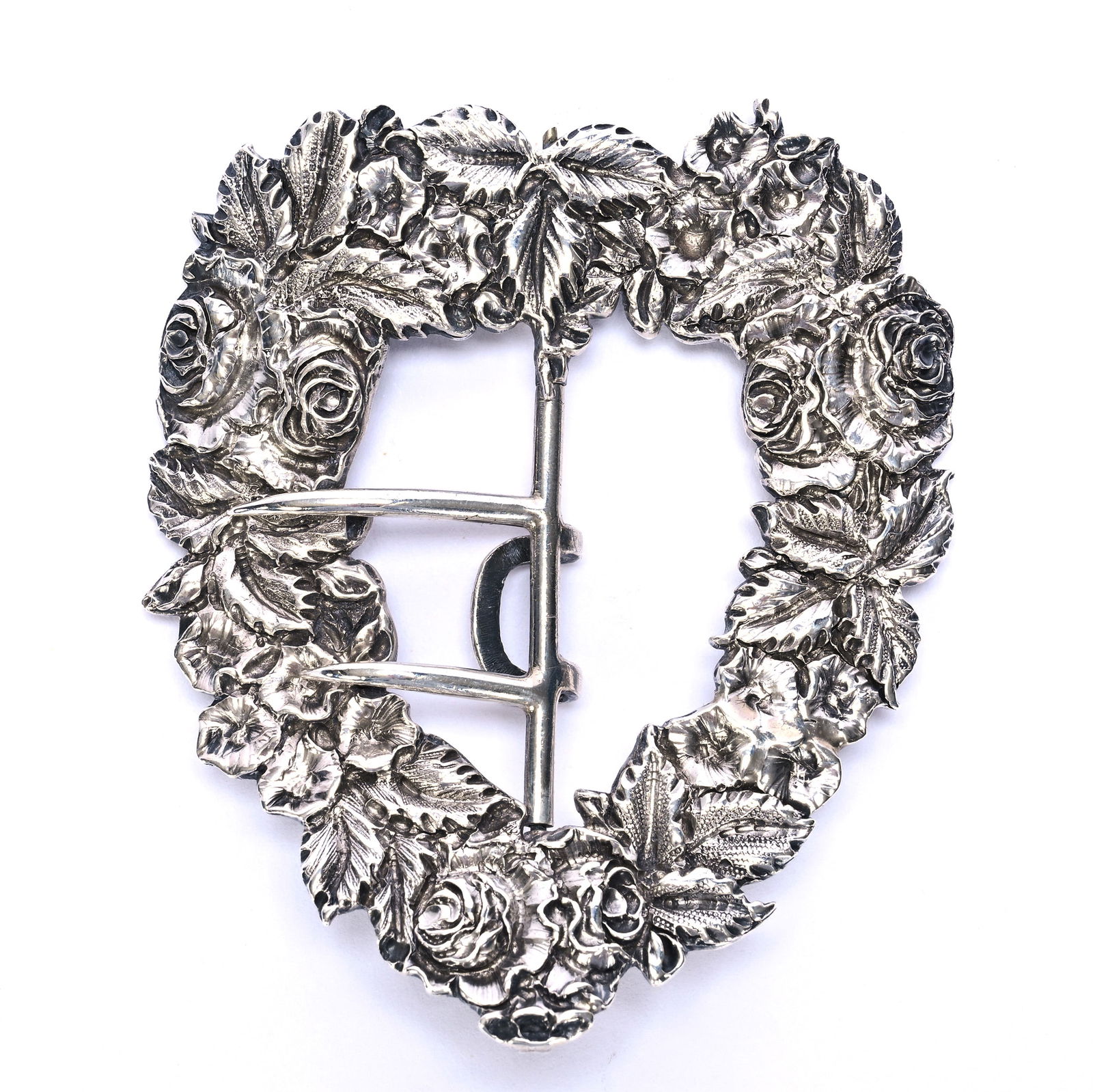 Solid Sterling Silver Victorian Belt Buckle, Heart Shape, Two Prong: Solid Sterling Silver Victorian Belt Buckle, Heart Shape, Two Prong, 0.5 x 3 x 2.75 Inches, Embossed Rose Design, Marked Jacoby & Jenkins (Baltimore Silversmiths), 40.0 Grams, Dr. Harold & Audrey