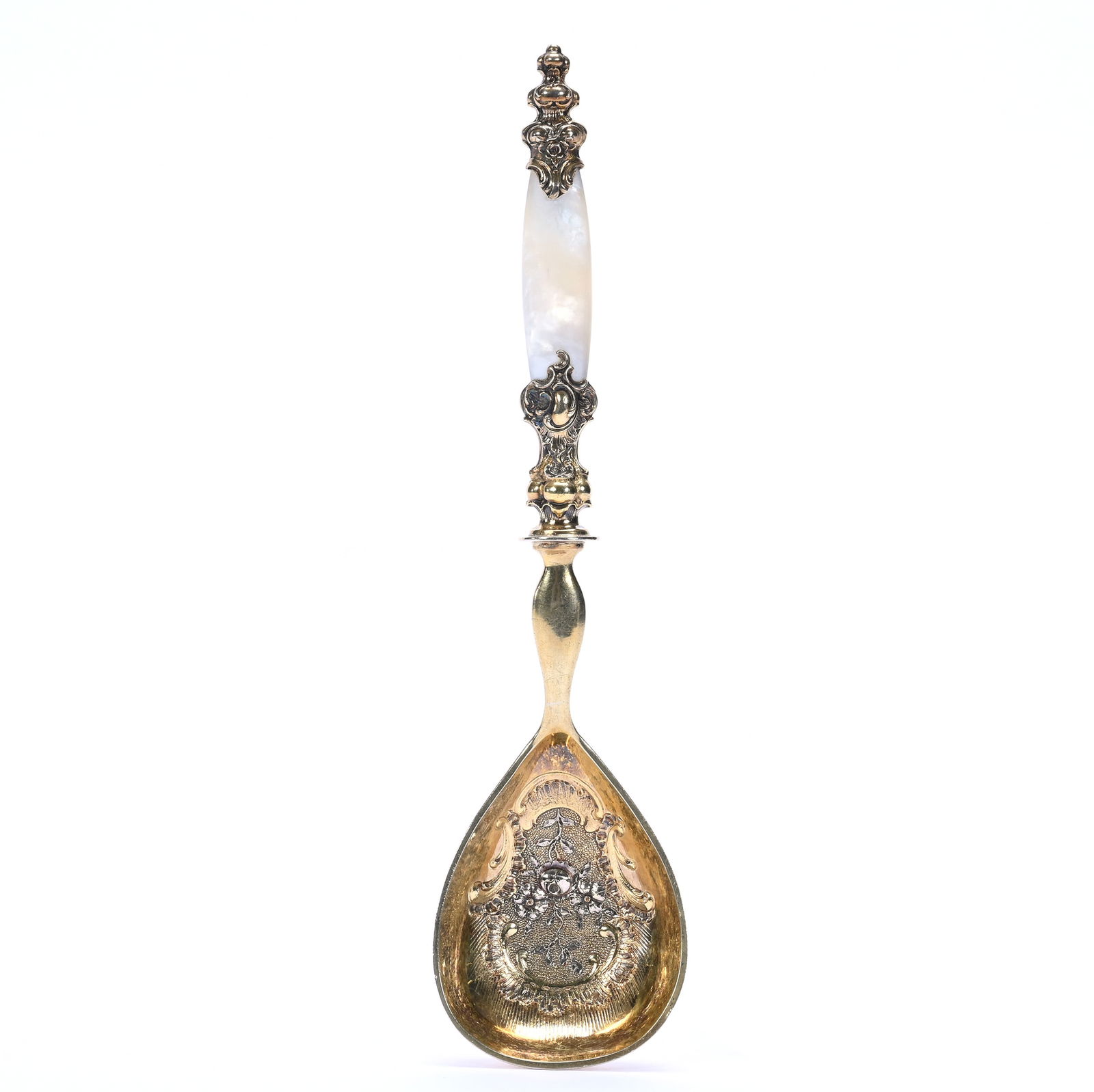 Solid German Silver Serving Spoon With Pearl Handle, German Hallmarks, 800 Purity: Solid German Silver Serving Spoon With Pearl Handle, German Hallmarks, 800 Purity, 8.5 x 2 x 2 Inches, Ornate With Gold Wash, 77.0 Grams, Dr. Harold & Audrey Eklund Estate, Iowa.