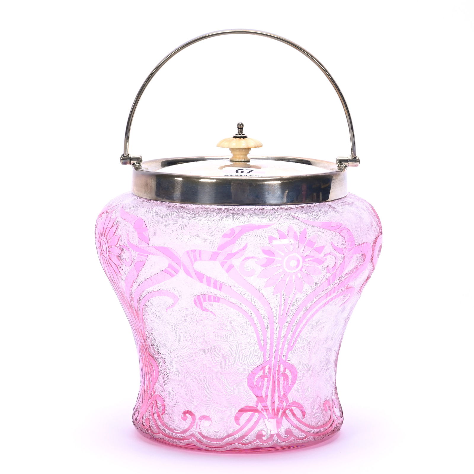 Biscuit Jar, Unmarked St. Lous Or Baccarat, Cranberry Acid Cut To Clear: Biscuit Jar, Unmarked St. Lous Or Baccarat, Cranberry Acid Cut To Clear, 6.75 x 6.25 x 6.25 Inches, Art Decor Floral Design, Hallmarked (Rampant Lion) Lid, Rim And Handle, 2.2 Pounds, Dr. Harold &