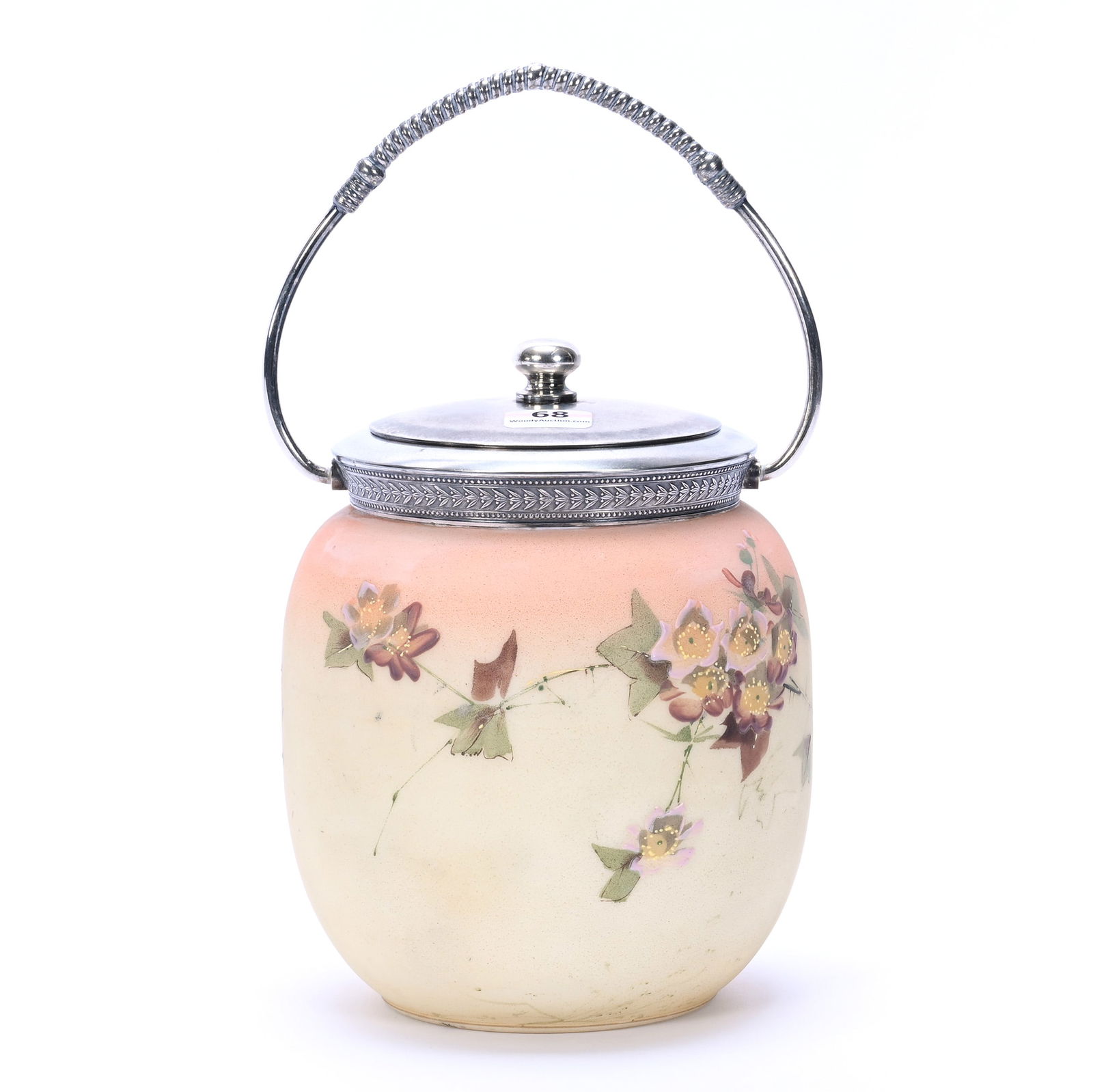 Biscuit Jar, Burmese Opal Ware Art Glass Marked Pairpoint, Blossom & Branch Decor: Biscuit Jar, Burmese Opal Ware Art Glass Marked Pairpoint, Blossom & Branch Decor, 6.75 x 5.5 x 5.5 Inches, Silverplate Lid And Bail Marked Mt. Washington, 2.0 Pounds, Dr. Harold & Audrey Eklund