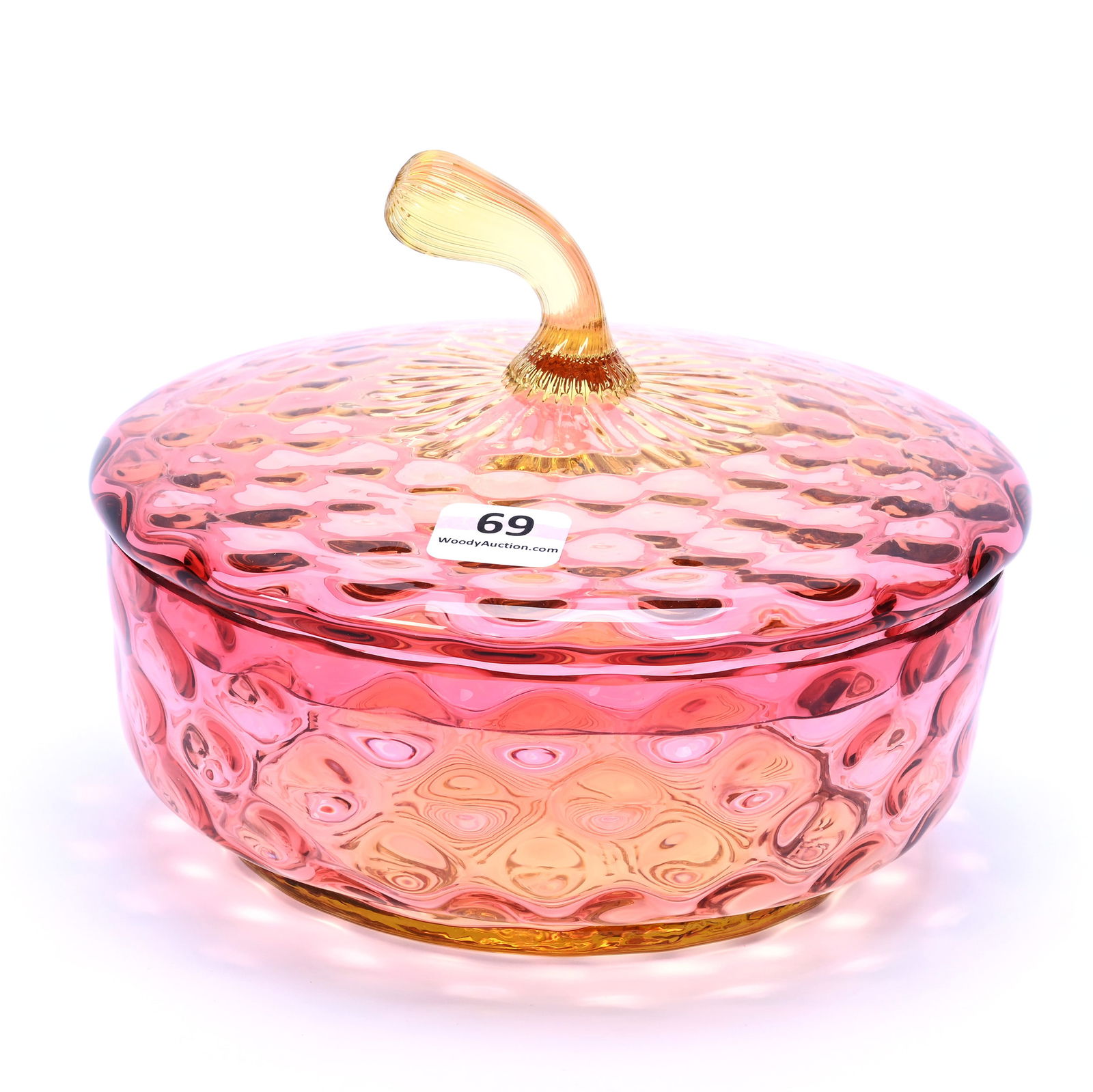 Covered Bowl, Amberina Coinspot Art Glass, Apple Stem Finial: Covered Bowl, Amberina Coinspot Art Glass, Apple Stem Finial, 5 x 6.5 x 6.5 Inches, 1.7 Pounds, Dr. Harold & Audrey Eklund Estate, Iowa.