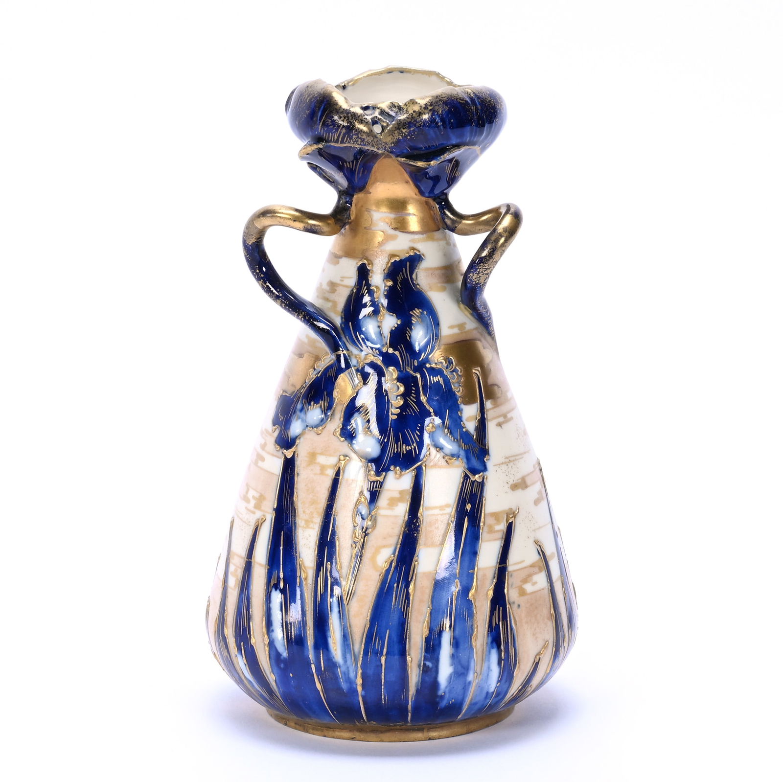Vase, Three Handles, Marked Austria (Three Standing Rifles): Vase, Three Handles, Marked Austria (Three Standing Rifles), 7.25 x 4 x 4 Inches, Cream Amphora With Cobalt Blue Iris Decor, Nice Gold Highlights, 0.5 Pounds, Dr. Harold & Audrey Eklund Estate, Iowa.