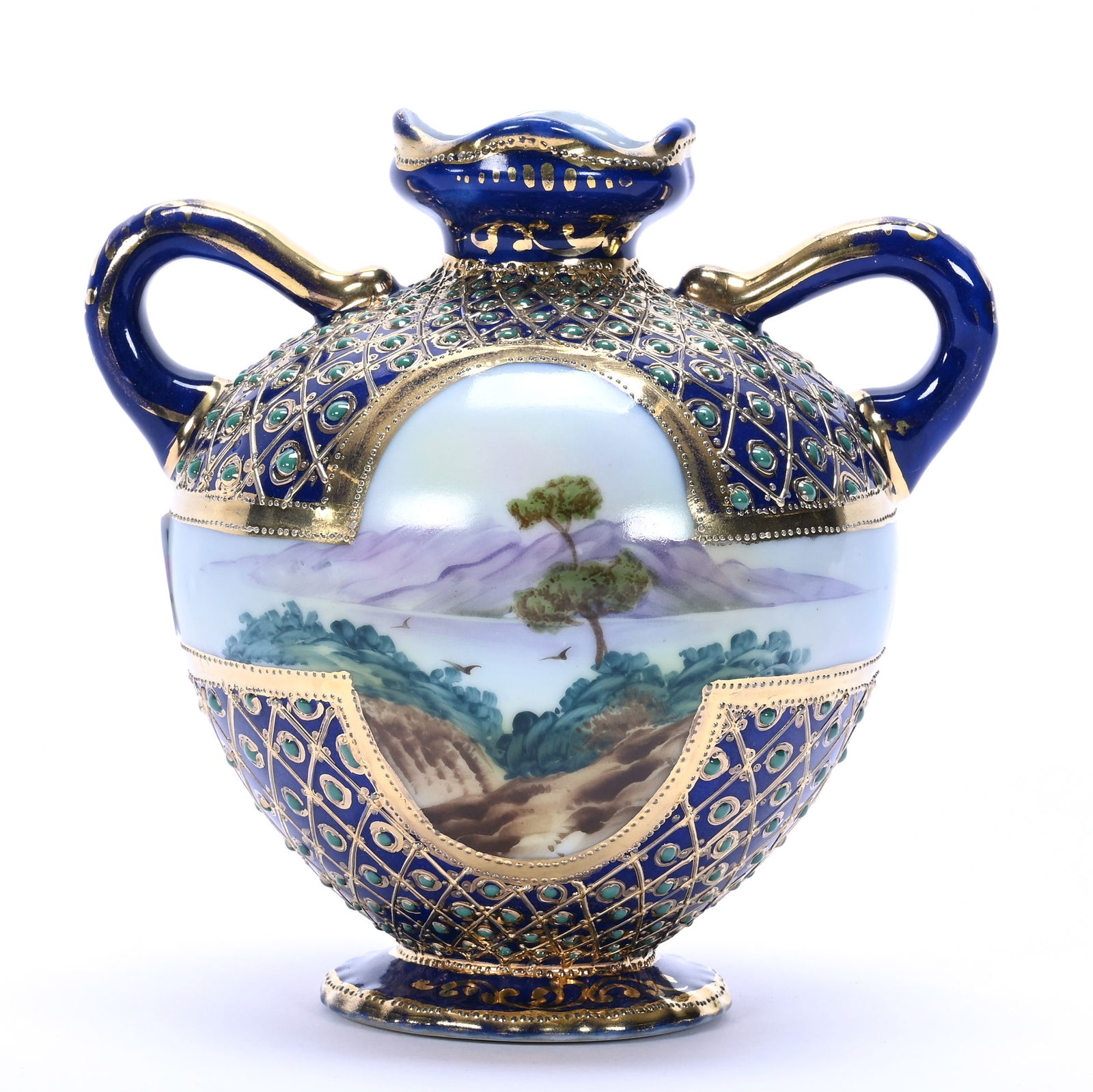 Vase, Two Handles, Marked Nippon, Lake & Mountain Scenic Decor: Vase, Two Handles, Marked Nippon, Lake & Mountain Scenic Decor, 5.25 x 5.25 x 4.25 Inches, Cobalt Blue Border, Green Beaded Enamel & Gold Lattice Design Highlights, 0.7 Pounds, Dr. Harold & Audrey