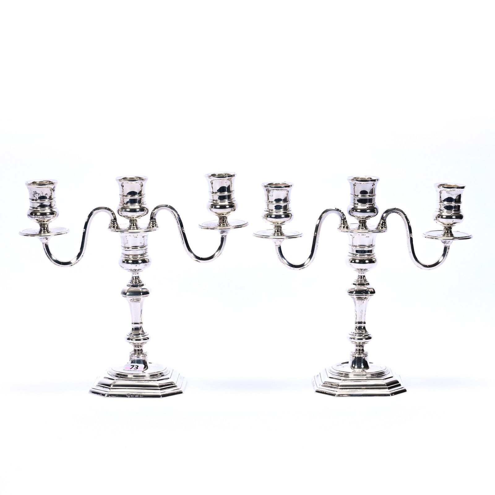 Pair Solid Silver Tiffany & Co. Candelabra, Two Part Three Arm: Pair Solid Silver Tiffany & Co. Candelabra, Two Part Three Arm, 8.75 x 9.25 x 3.75 Inches, May Be Separated To Make Single Candlesticks, Hallmarked Birmingham England, Dated 1923, Also Marked Tiffany