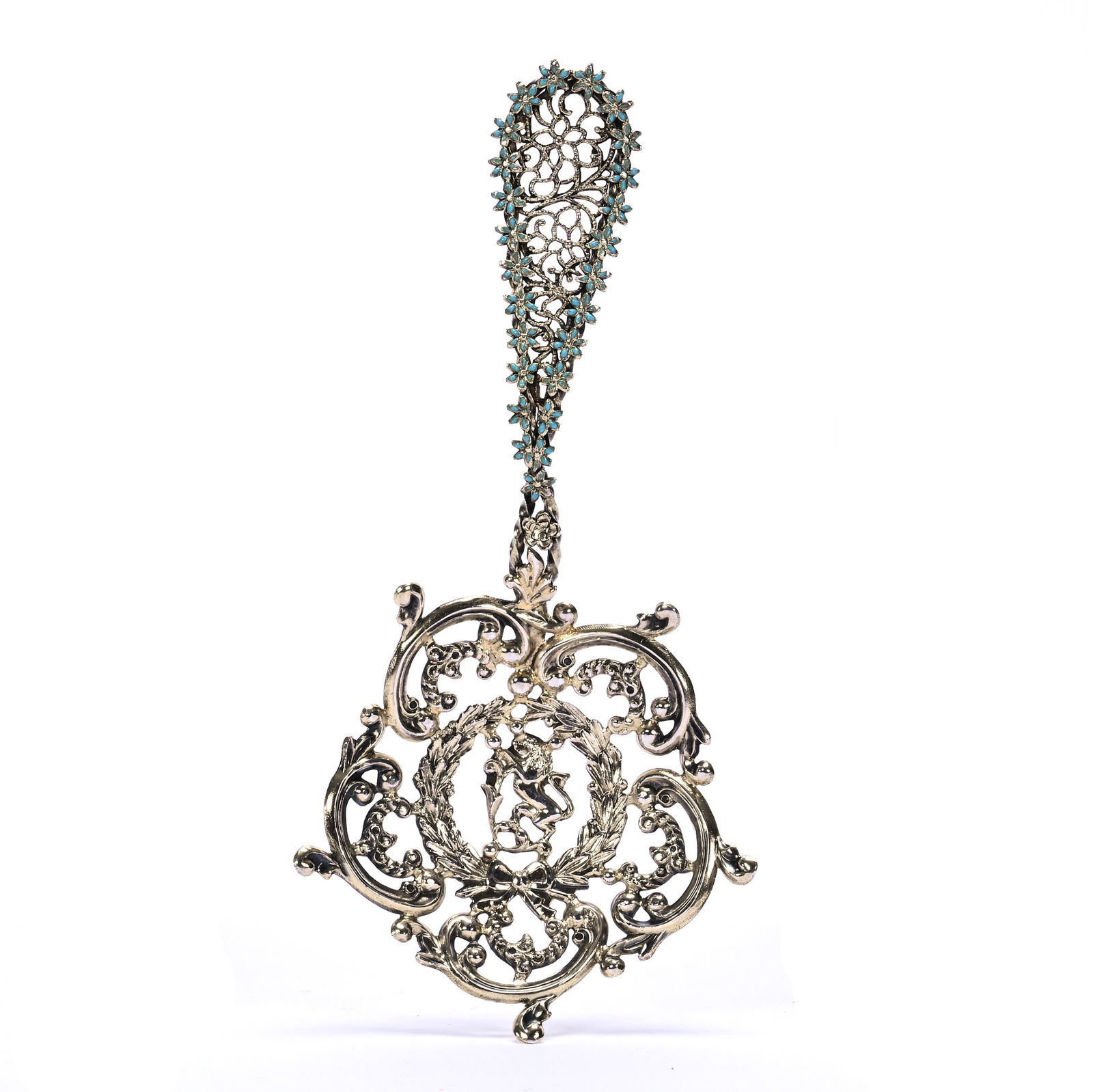 Solid Sterling Silver Nut Spoon, No Maker's Mark Visible: Solid Sterling Silver Nut Spoon, No Maker's Mark Visible, 0.5 x 5.25 x 2.5 Inches, Rampant Lion Reticulated Design With Enamel Floral Blossom Handle, 26.0 Grams, Dr. Harold & Audrey Eklund Estate,