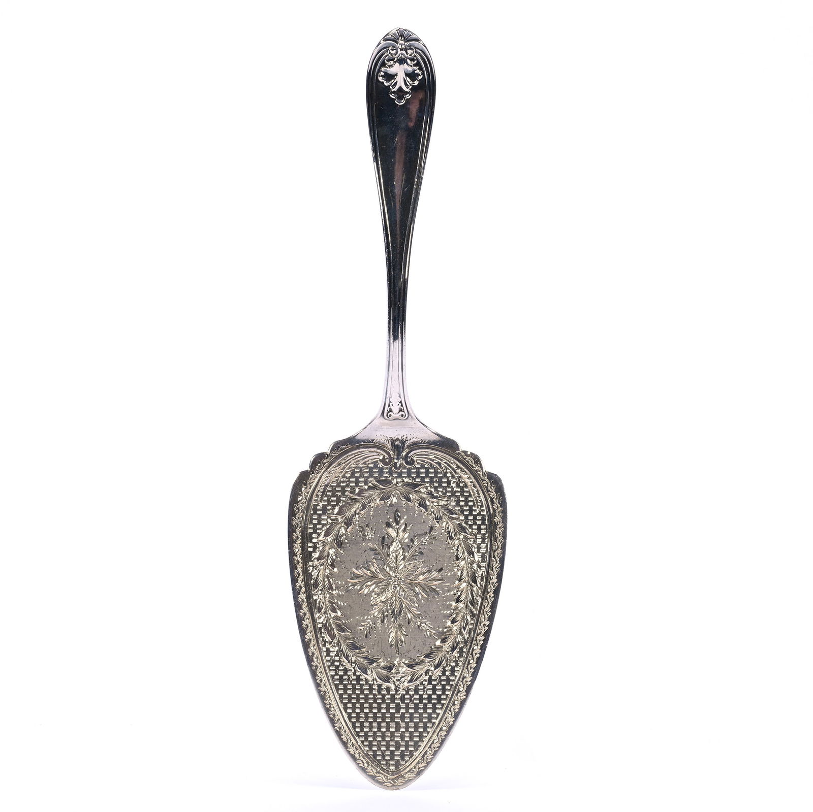 Solid Silver Pie Server, Elaborate Engraved Floral Design: Solid Silver Pie Server, Elaborate Engraved Floral Design, 1.25 x 9.25 x 2.75 Inches, Unidentified Maker, Hallmarked With Eagle & Man's Head, "AC" Mark, 63.0 Grams, Dr. Harold & Audrey Eklund Estate,