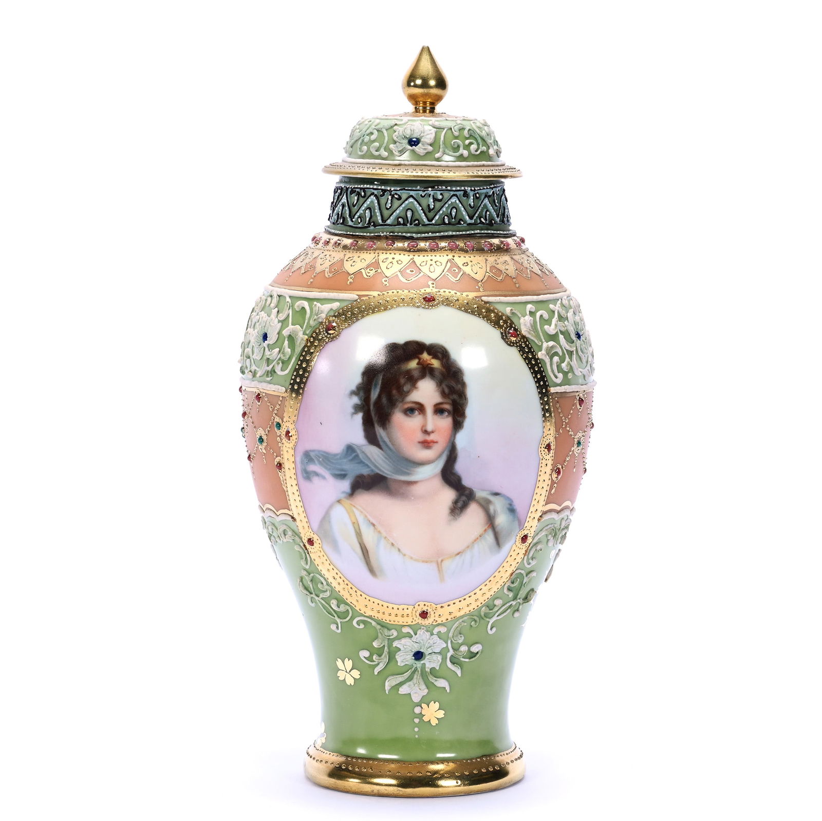 Covered Urn Marked Nippon, Green & Peach Tones, Medallion Portrait Of Queen Louisa: Covered Urn Marked Nippon, Green & Peach Tones, Medallion Portrait Of Queen Louisa, 9.75 x 4.75 x 4.75 Inches, Heavy Moriaga Overlay, Colored Enamel Beaded Highlights, 1.4 Pounds, Dr. Harold & Audrey