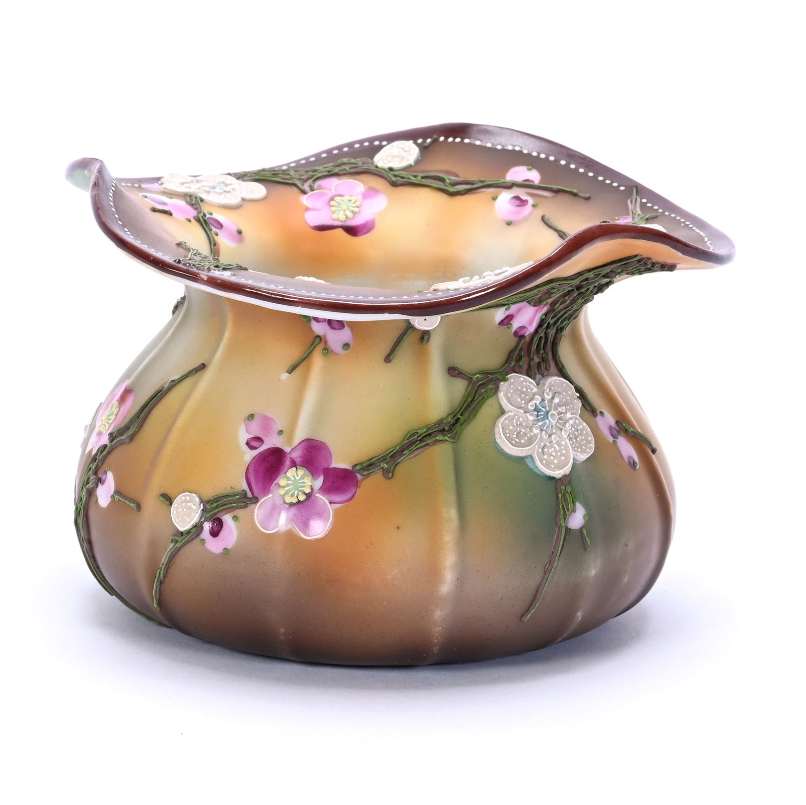 Spittoon, Brown And Green Tones, Ribbed Design, Heavy Moriaga Branch & Blossom Decor: Spittoon, Brown And Green Tones, Ribbed Design, Heavy Moriaga Branch & Blossom Decor, 3.25 x 5.25 x 5.25 Inches, 0.7 Pounds, Dr. Harold & Audrey Eklund Estate, Iowa.