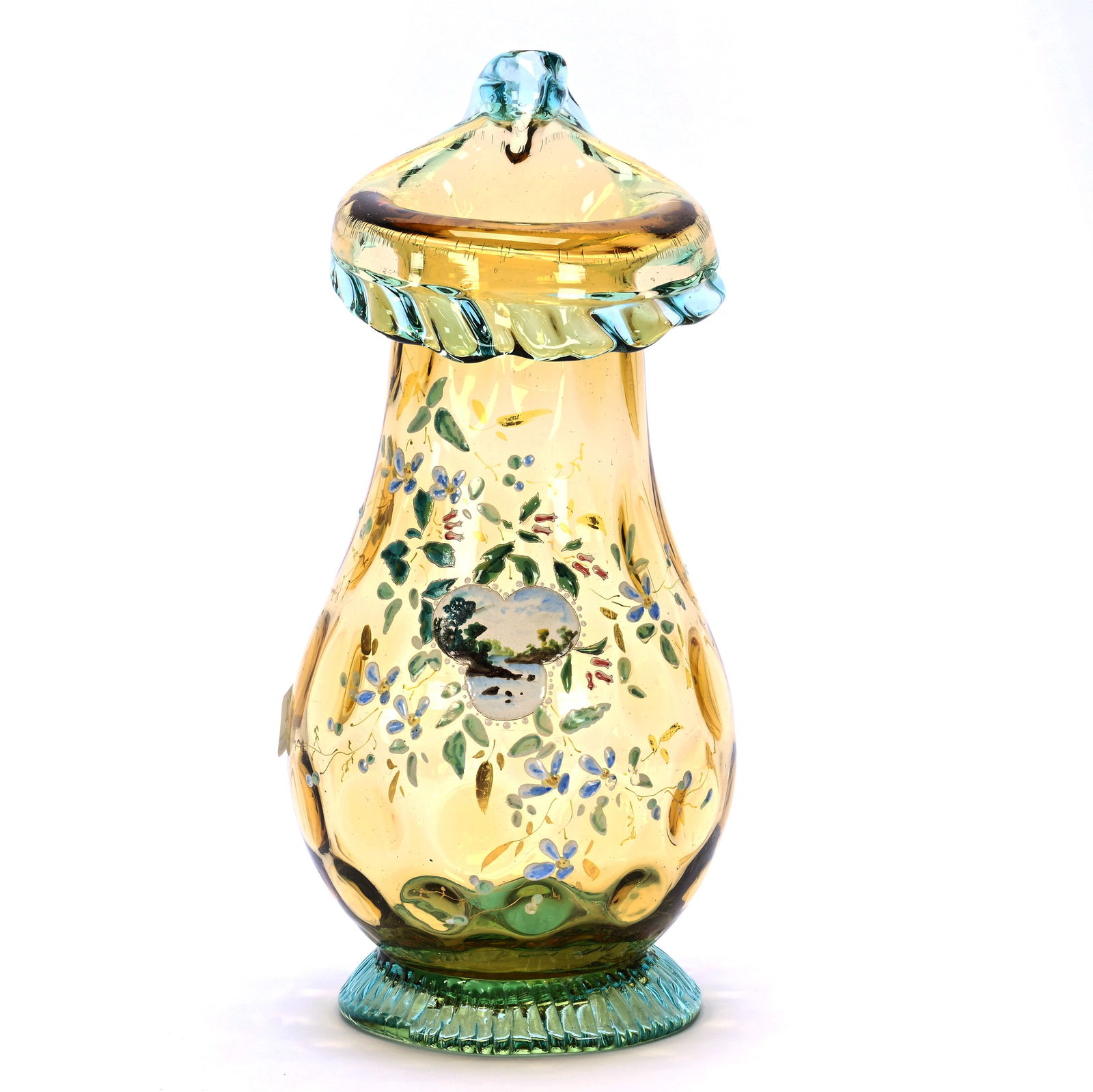 Jack In Pulpit Vase, Amber Coinspot Art Glass, Enamel Floral Decor: Jack In Pulpit Vase, Amber Coinspot Art Glass, Enamel Floral Decor, 10.5 x 5 x 5 Inches, Blue Applied Trim, 2.0 Pounds, Dr. Harold & Audrey Eklund Estate, Iowa.