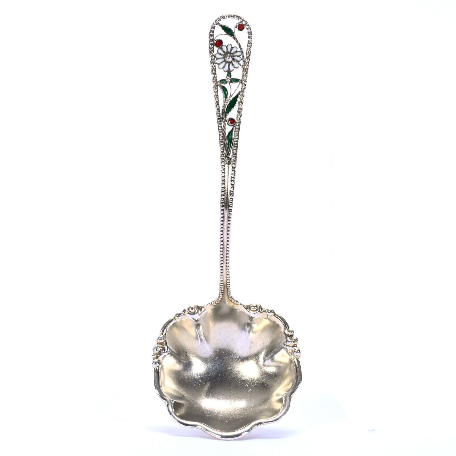 Solid Sterling Silver Ladle, Cut-Out Daisy Design With Enamel Highlights: Solid Sterling Silver Ladle, Cut-Out Daisy Design With Enamel Highlights, 1.25 x 5.5 x 2 Inches, 22.0 Grams, Dr. Harold & Audrey Eklund Estate, Iowa.
