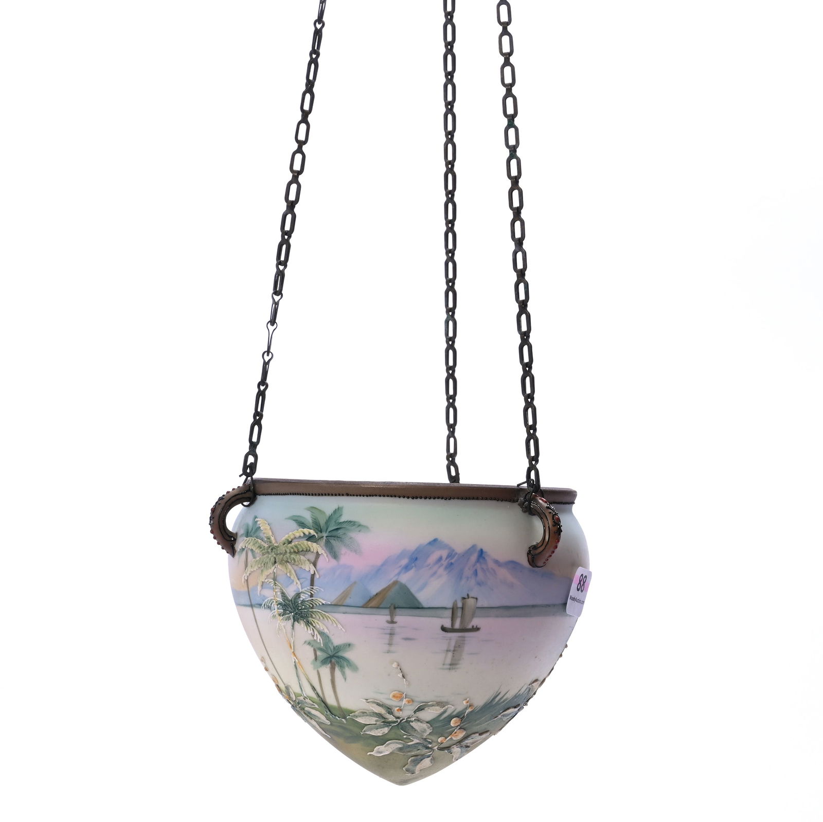 Hanging Planter, Three Handles, Marked Nippon: Hanging Planter, Three Handles, Marked Nippon, 4.5 x 5.5 x 5.5 Inches, Lake, Mountain & Sailboat Scene, Moriaga Overlay Highlights, 0.8 Pounds, Dr. Harold & Audrey Eklund Estate, Iowa.