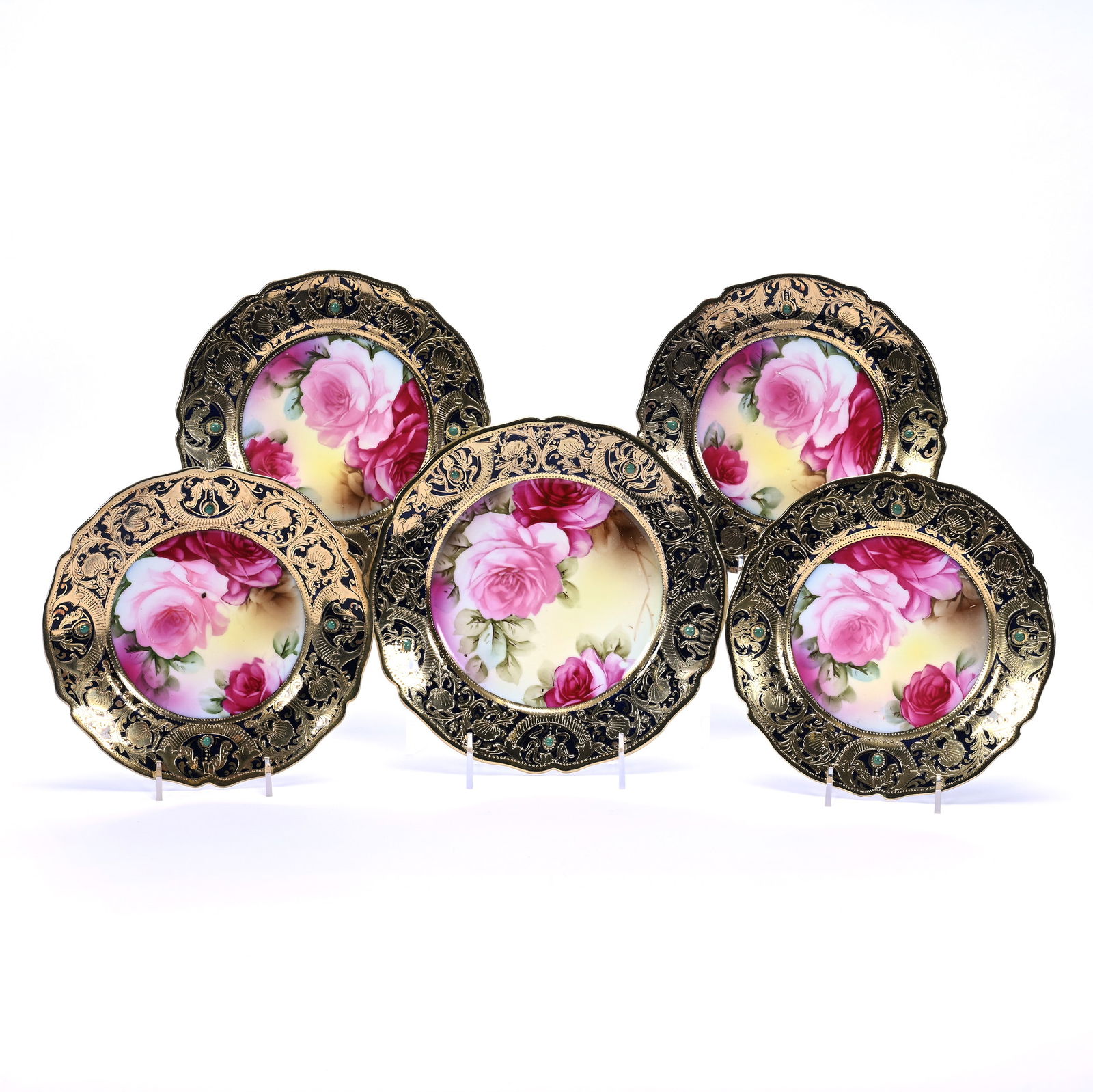 Cake Set, Five Piece, Marked Nippon: Cake Set, Five Piece, Marked Nippon, Yellow, Brown And Pink Tones, Cobalt Blue Border, Pink Rose Decor, Three Enamel Jewels With Extensive Gold Highlights, (1) 8.75" Plate, (4) 8" Plates, 3.4 Pounds,