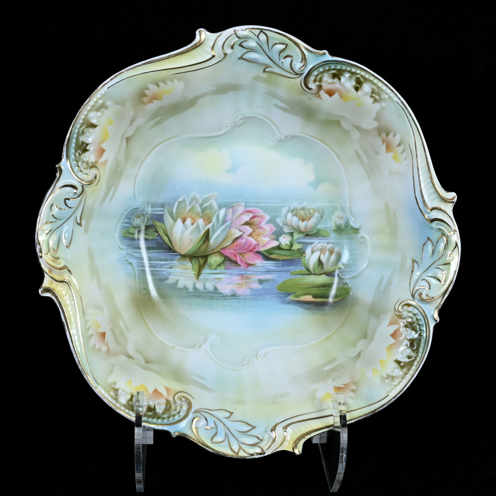 Bowl Marked R. S. Prussia, Waterlily Decor: Bowl Marked R. S. Prussia, Waterlily Decor, 3.25 x 10.75 x 10.75 Inches, Nice Example, 1.2 Pounds, Dr. Harold & Audrey Eklund Estate, Iowa.
