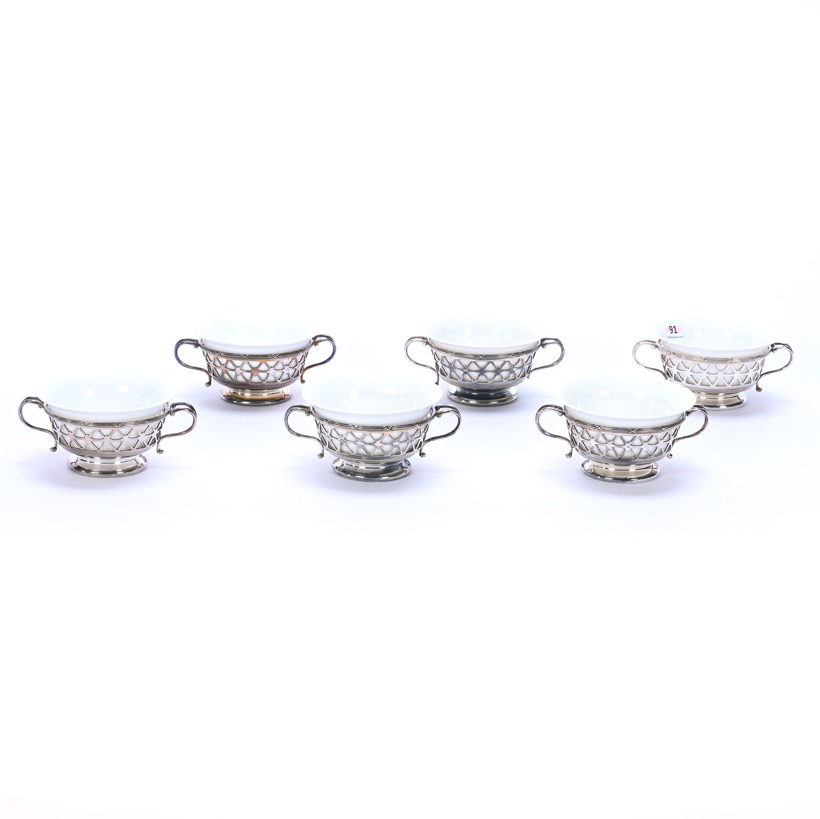 (6) Silver Boullion Cups With Limoges Porcelain Inserts: (6) Silver Boullion Cups With Limoges Porcelain Inserts, 2.25 x 5.25 x 4 Inches, Silver Holders Marked "+K25030", Not Marked Sterling, 2.0 Pounds, Dr. Harold & Audrey Eklund Estate, Iowa.