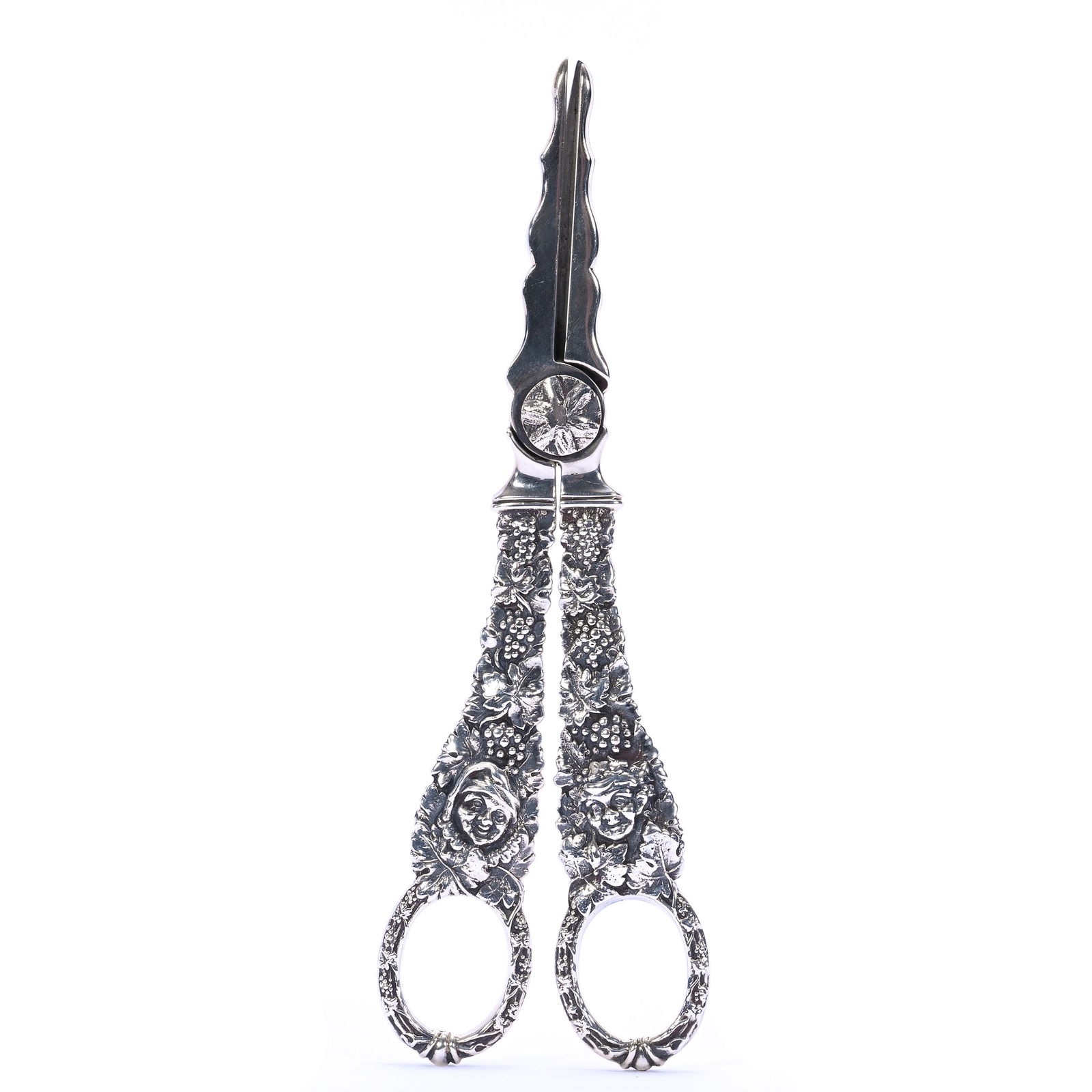 English Silver George IV Grape Shears: English Silver George IV Grape Shears, 6.5 x 2 x 0.25 Inches, Elaborate Embossed Vintage Handles With Male And Female Heads, 129.0 Grams, Dr. Harold & Audrey Eklund Estate, Iowa.