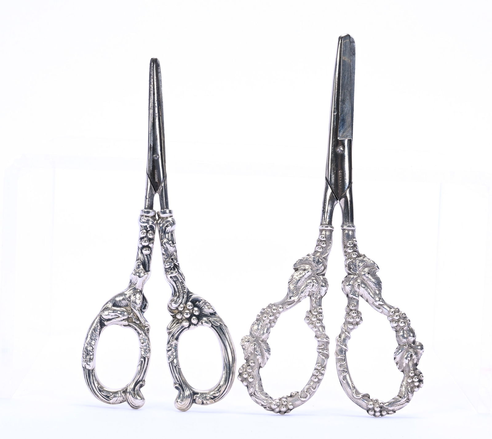 Pair German Silver Grape Shears, Sterling Silver Handles: Pair German Silver Grape Shears, Sterling Silver Handles, 6.25 Approximately x 3 x 0.25 Inches, (1) With Embossed Vintage Handles, (1) Embossed Vintage And Fox Handles, 103.0 Grams, Dr. Harold &