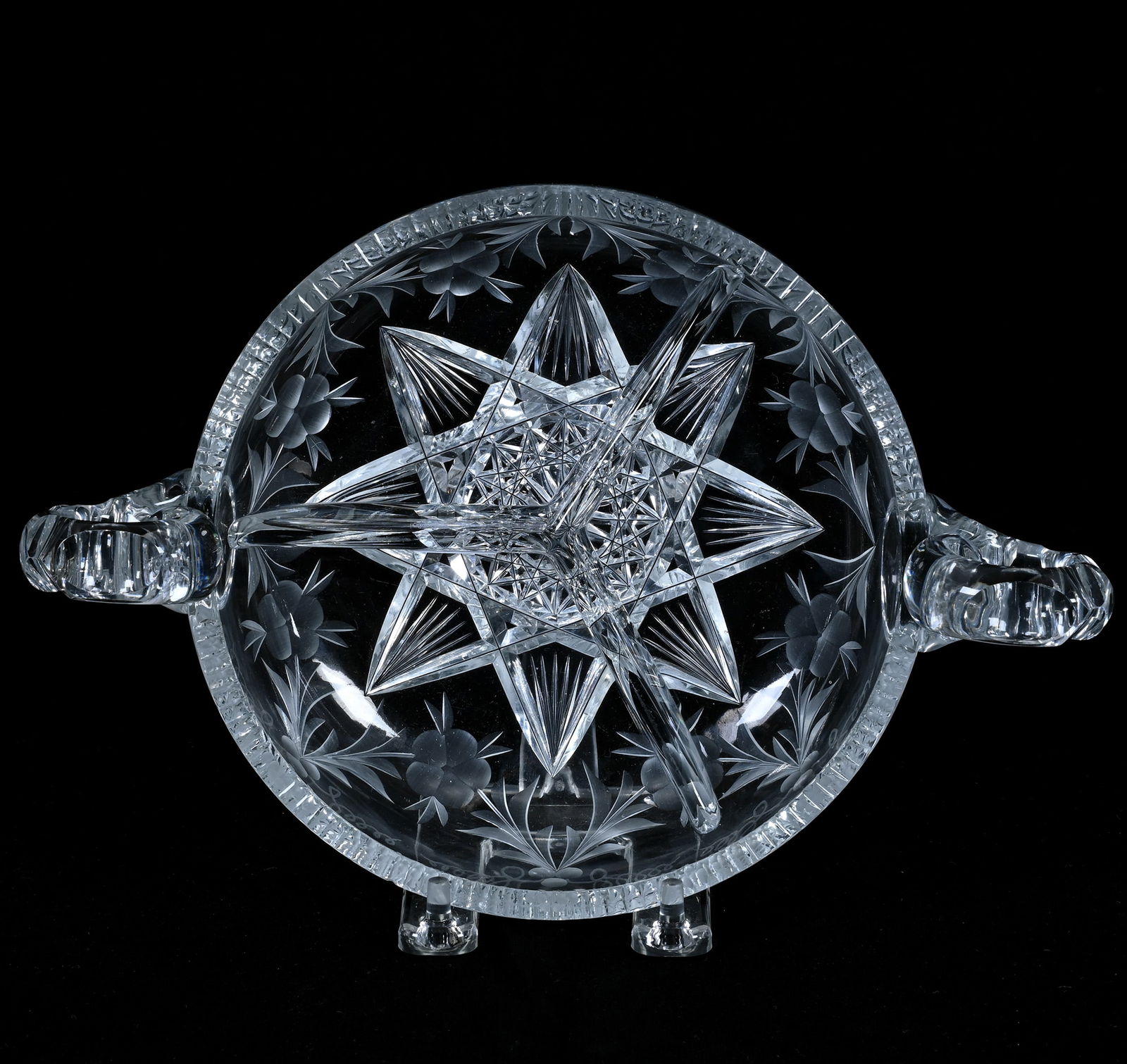 Bowl, Three Division, Two Handles, American Brilliant Cut Glass, Signed Tuthill Cosmos Pattern: Bowl, Three Division, Two Handles, American Brilliant Cut Glass, Signed Tuthill Cosmos Pattern, 3 x 10.25 x 7 Inches, Double Notched Handles, Hobstar Center, Rim Chips, 2.7 Pounds, Dr. Harold &