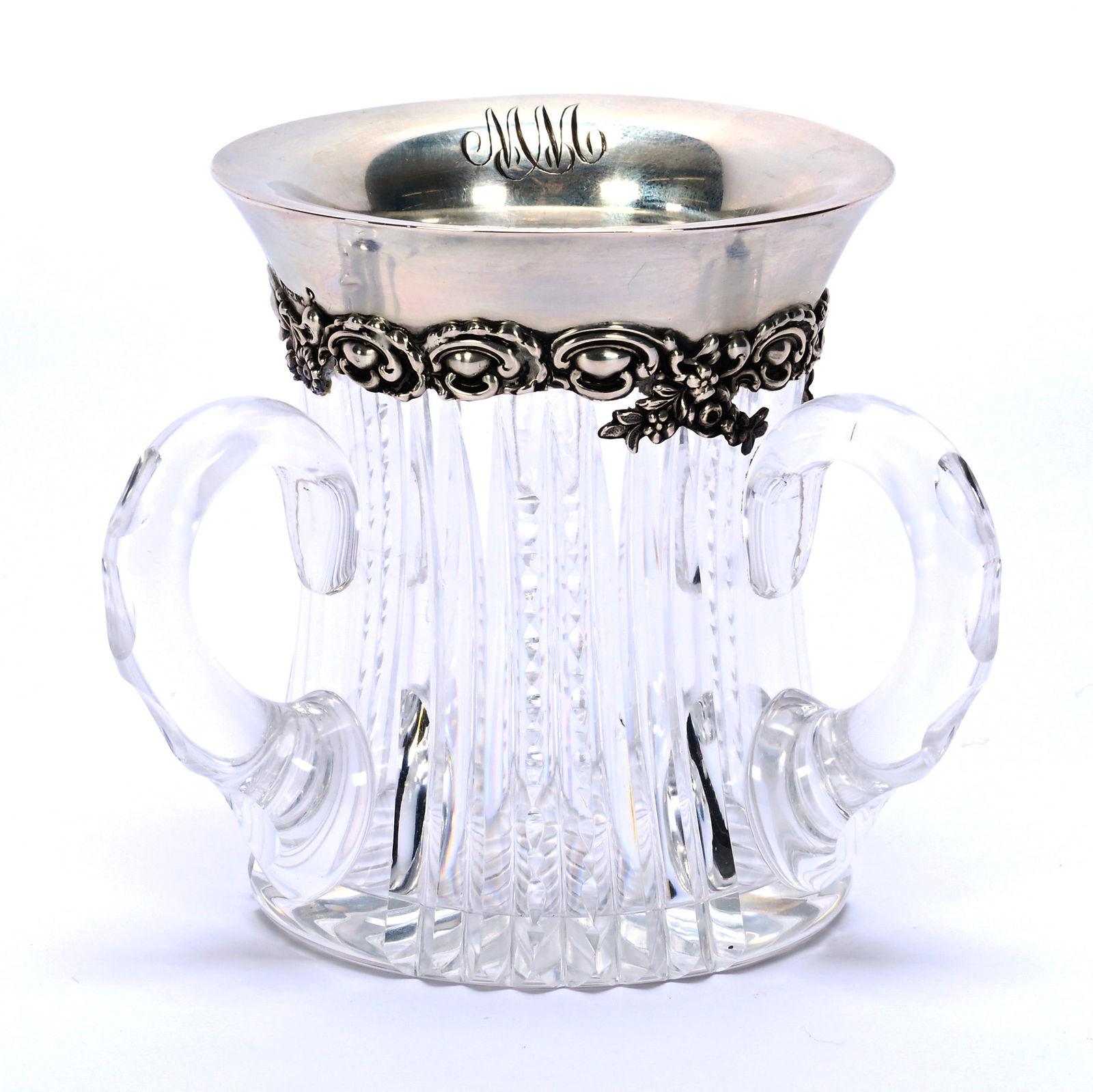 Loving Cup, Three Handles, American Brilliant Cut Glass, Prism Pattern, Sterling Rim (1 of 5)